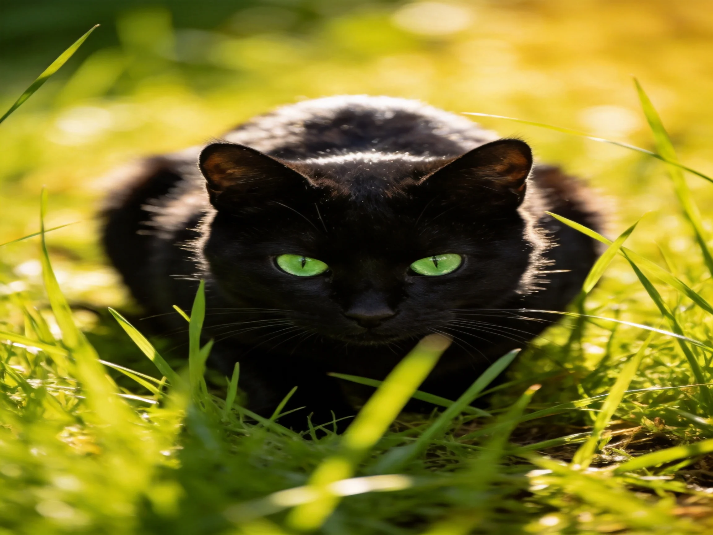 A black cat with bright green eyes rests in tall grass