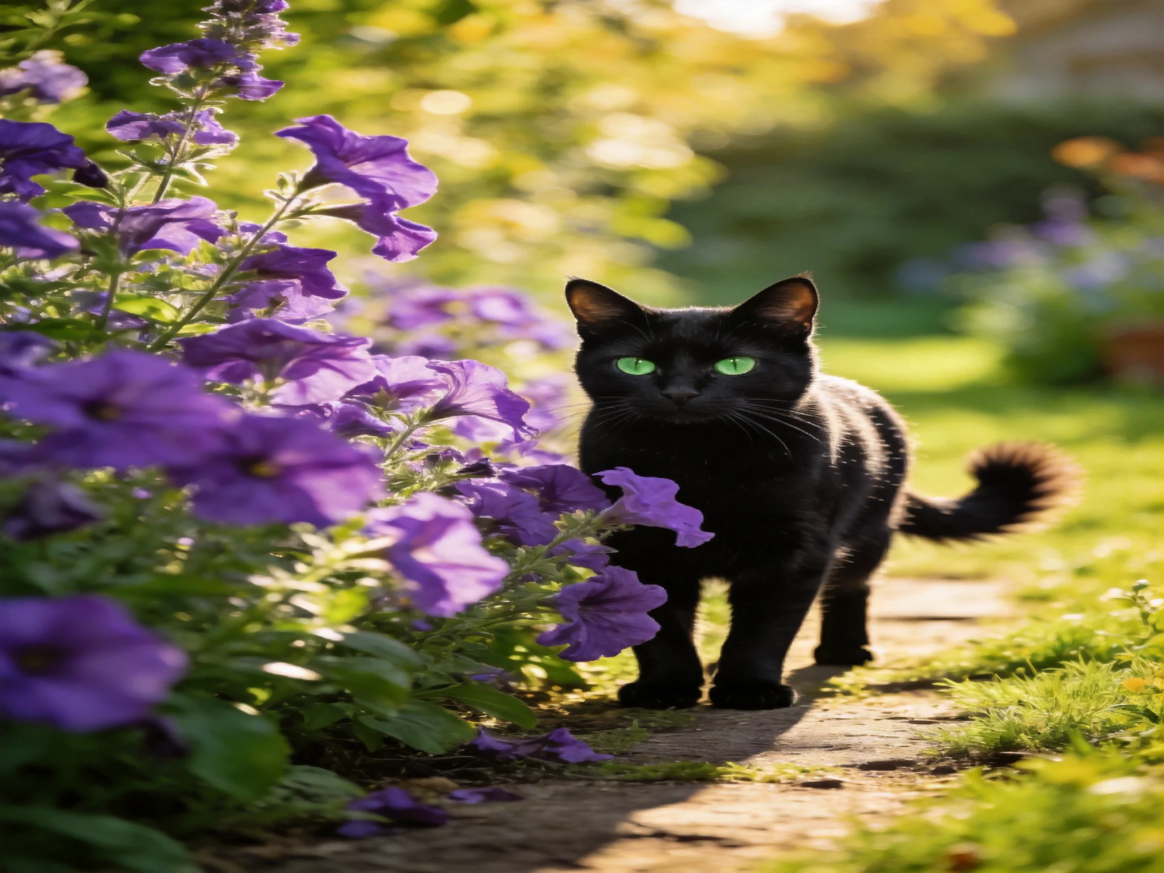 A black cat with green eyes walks past purple flowers on a stone path in a sunny garden.