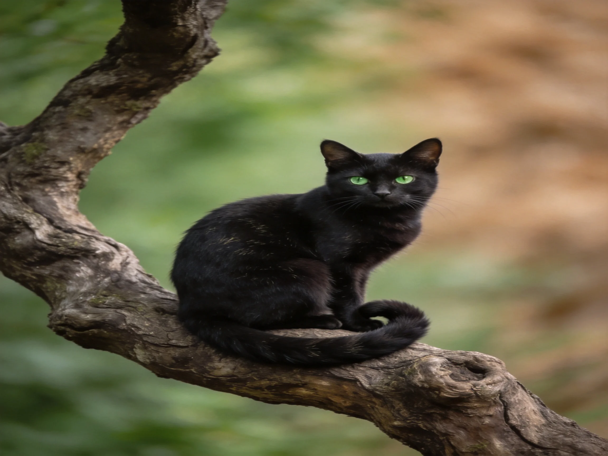 A black cat with green eyes rests on a gnarled tree branch in nature.