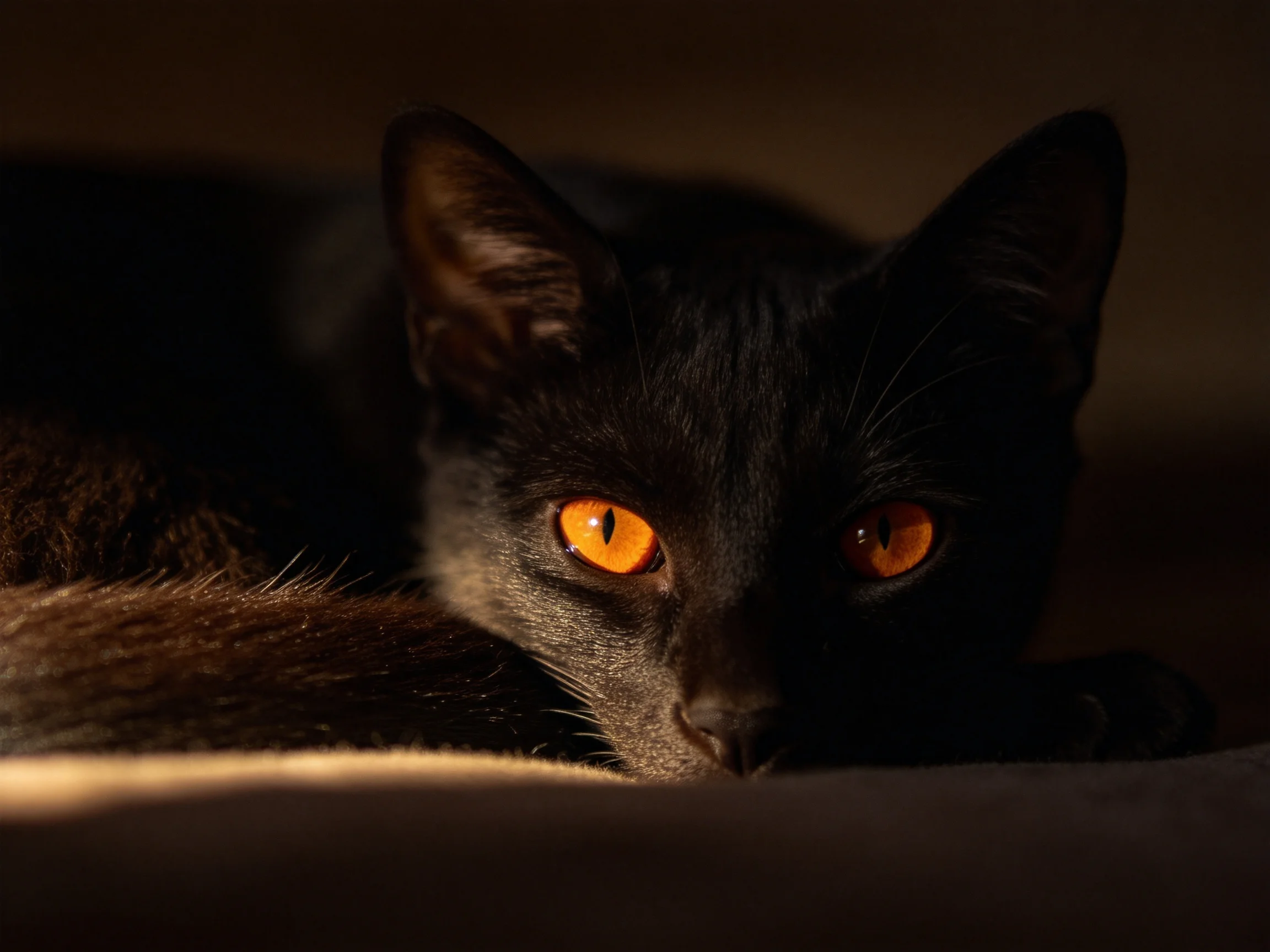 A black cat with vivid orange eyes rests in dim lighting.