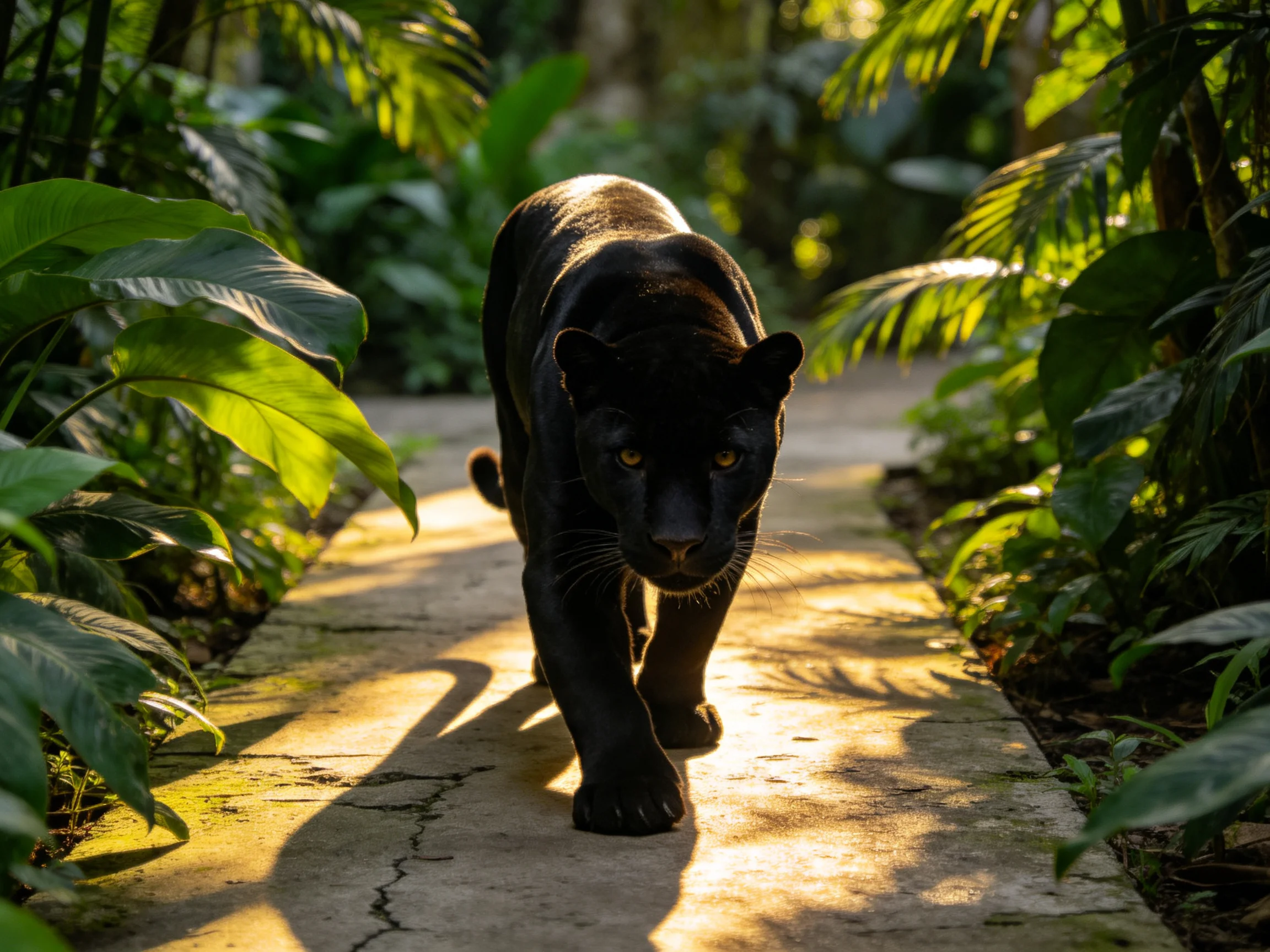 A sleek black jaguar walks along a sunlit jungle path with dense greenery