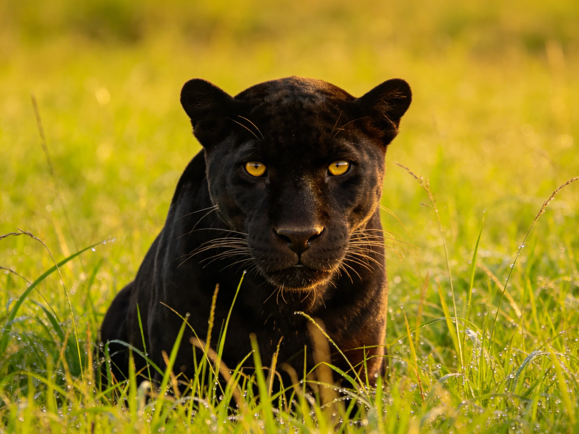 A black panther sits calmly among lush green grass bathed in warm light.