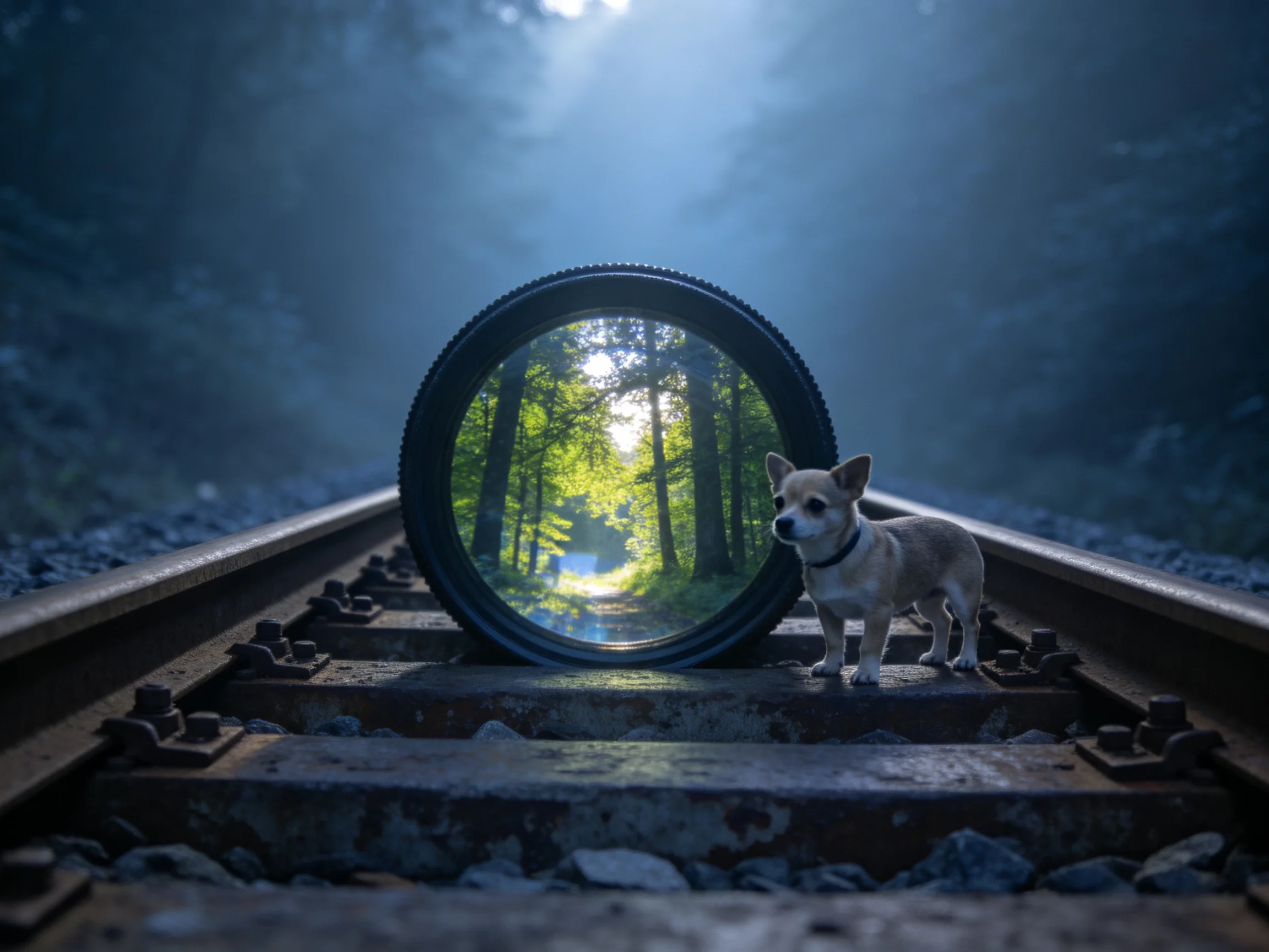 A small dog stands near a circular object on railroad tracks with a forest reflected inside
