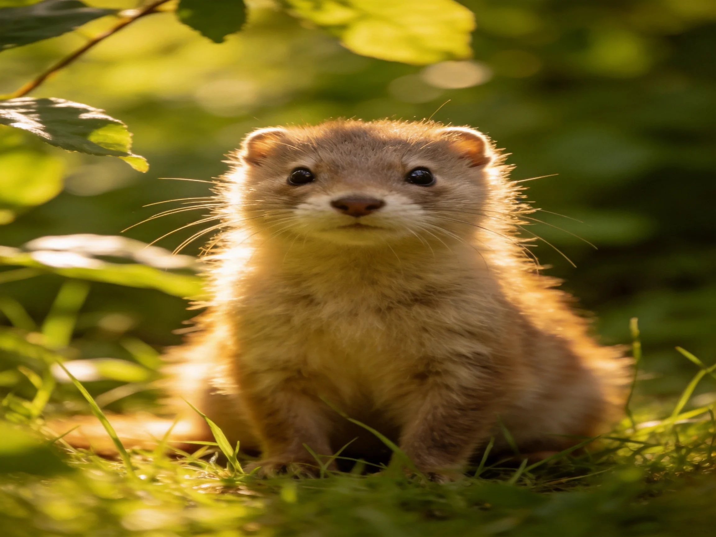 A small tan mammal rests peacefully among green foliage in bright sunlight.