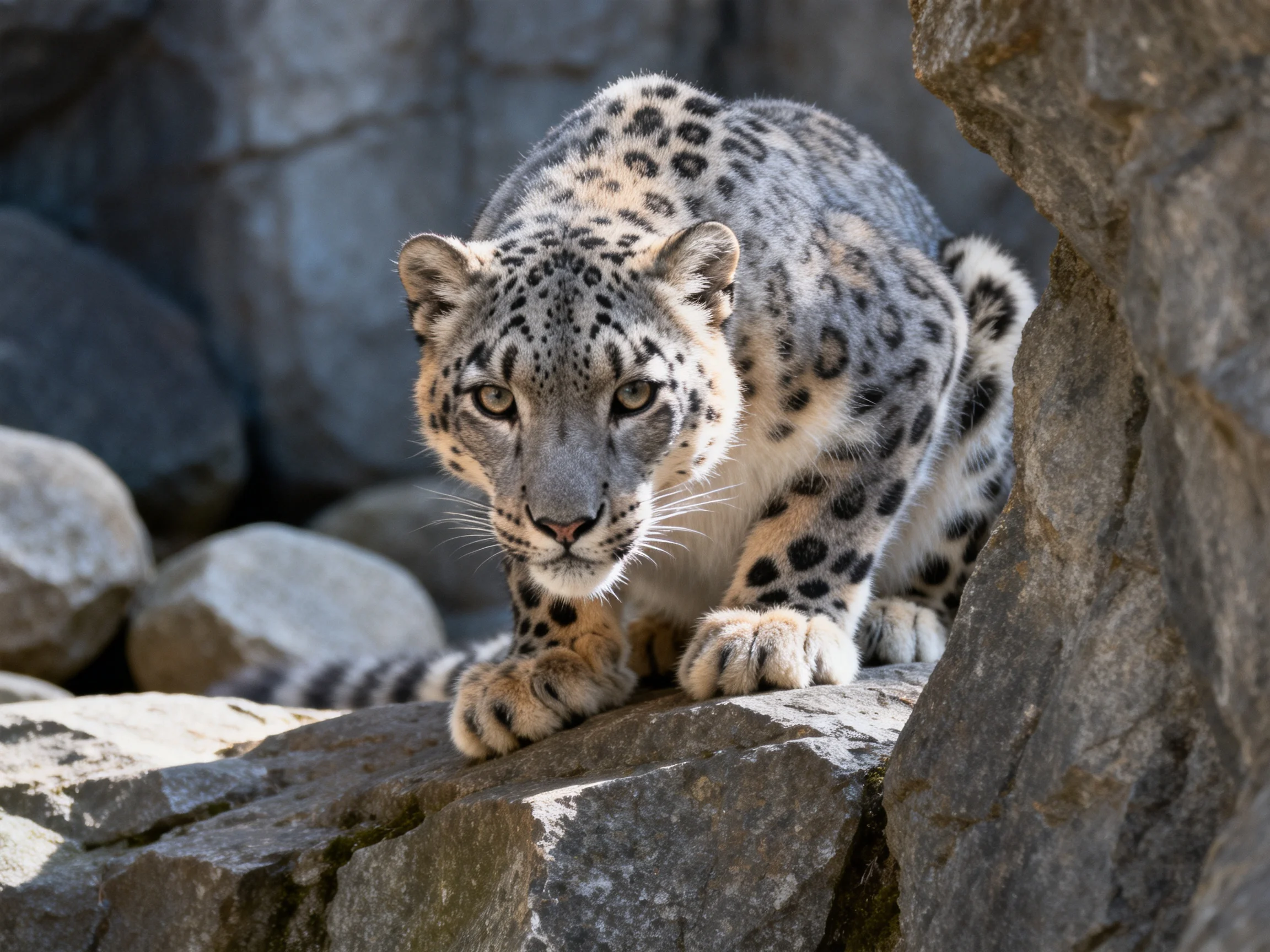 A snow leopard rests on rocks in a rocky environment.
