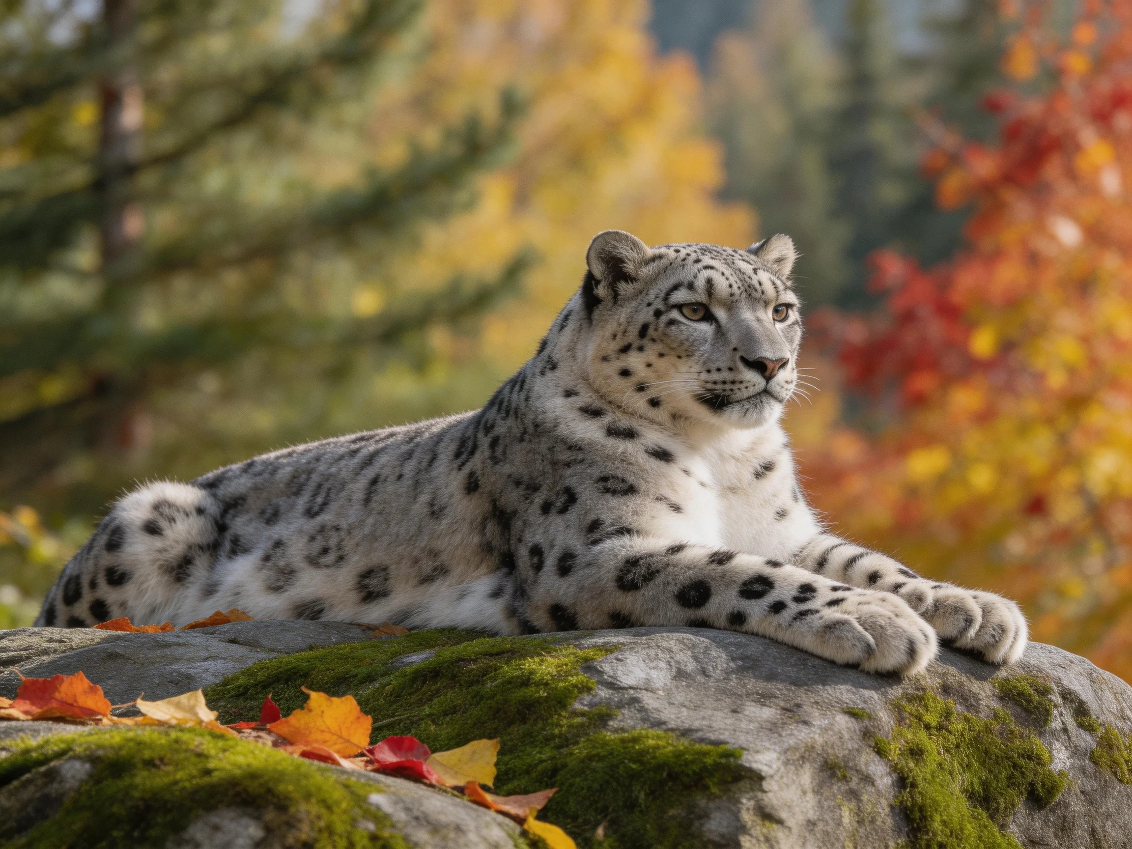 A snow leopard relaxes on a mossy rock in an autumn forest setting.