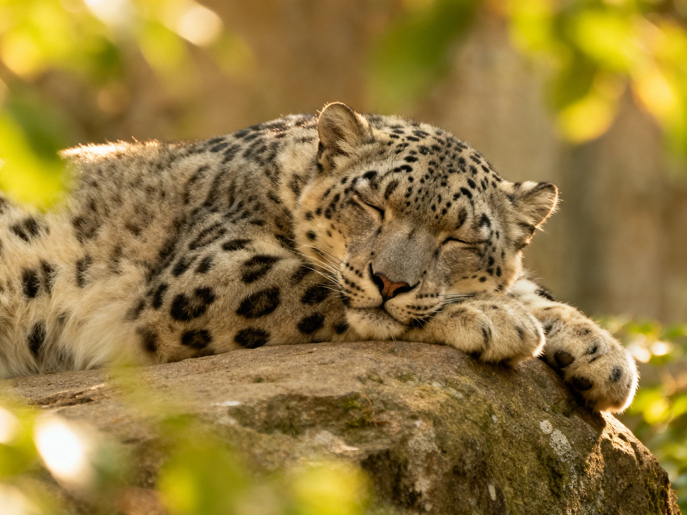 A snow leopard sleeps on a rock surrounded by sunlit vegetation.