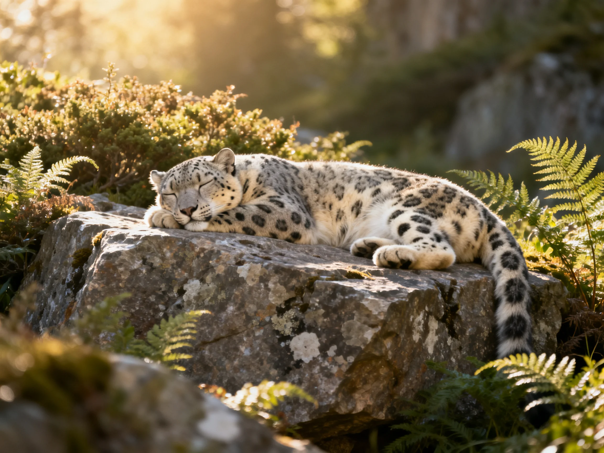 A snow leopard sleeps on a rocky outcrop surrounded by ferns in bright sunlight.