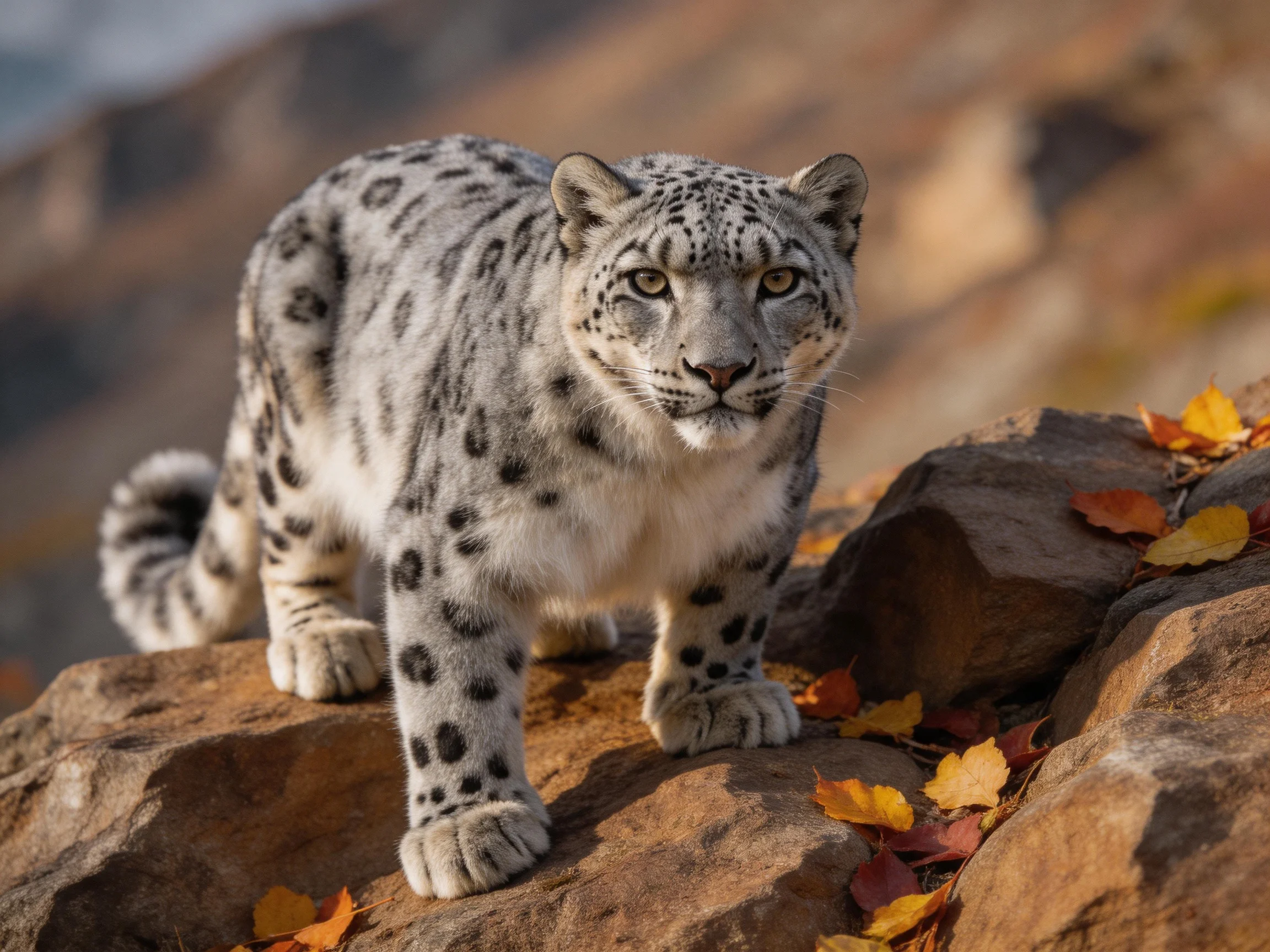 A snow leopard stands on rocks surrounded by autumn leaves.