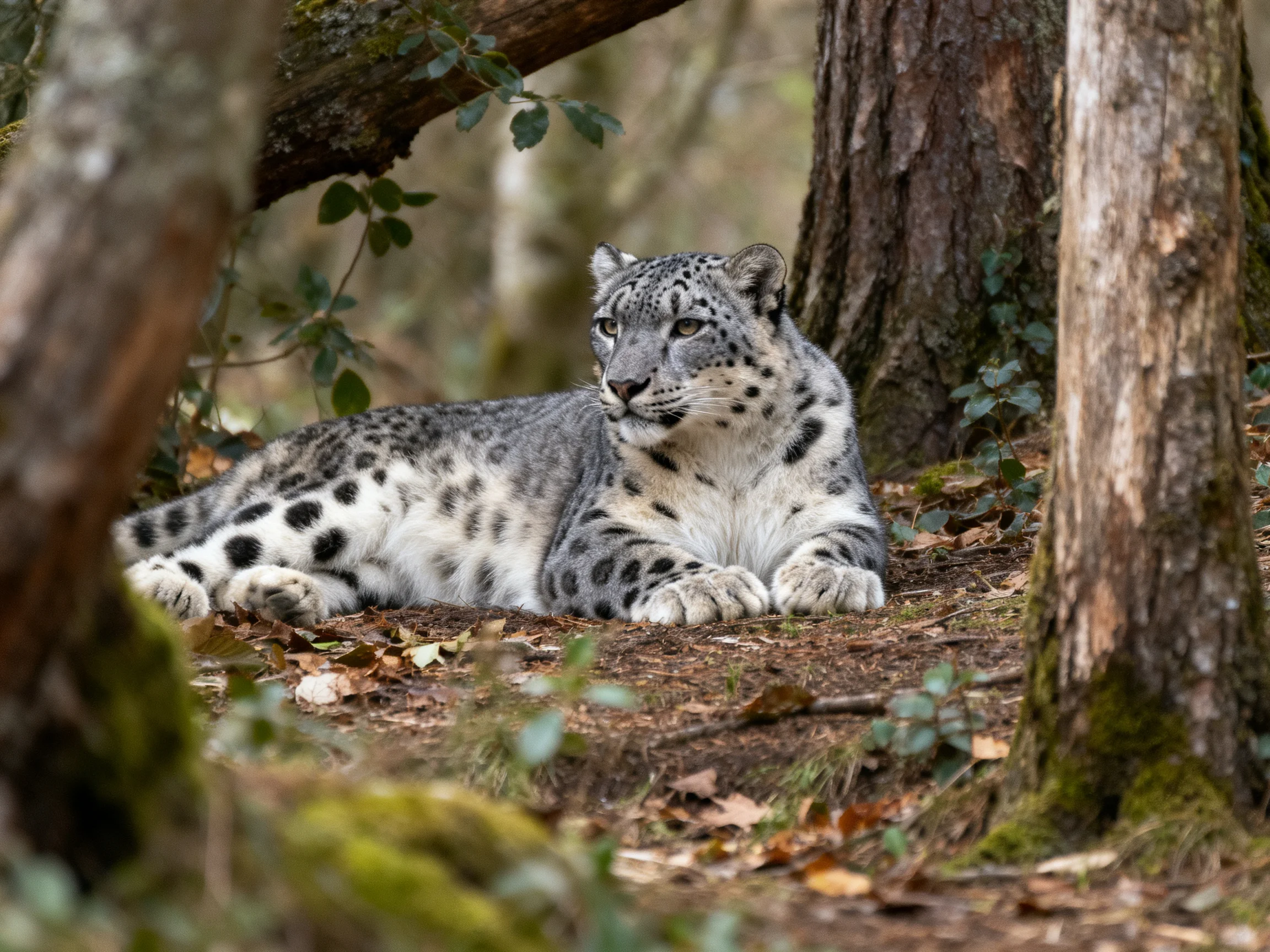 A snow leopard rests near large trees in a forest.