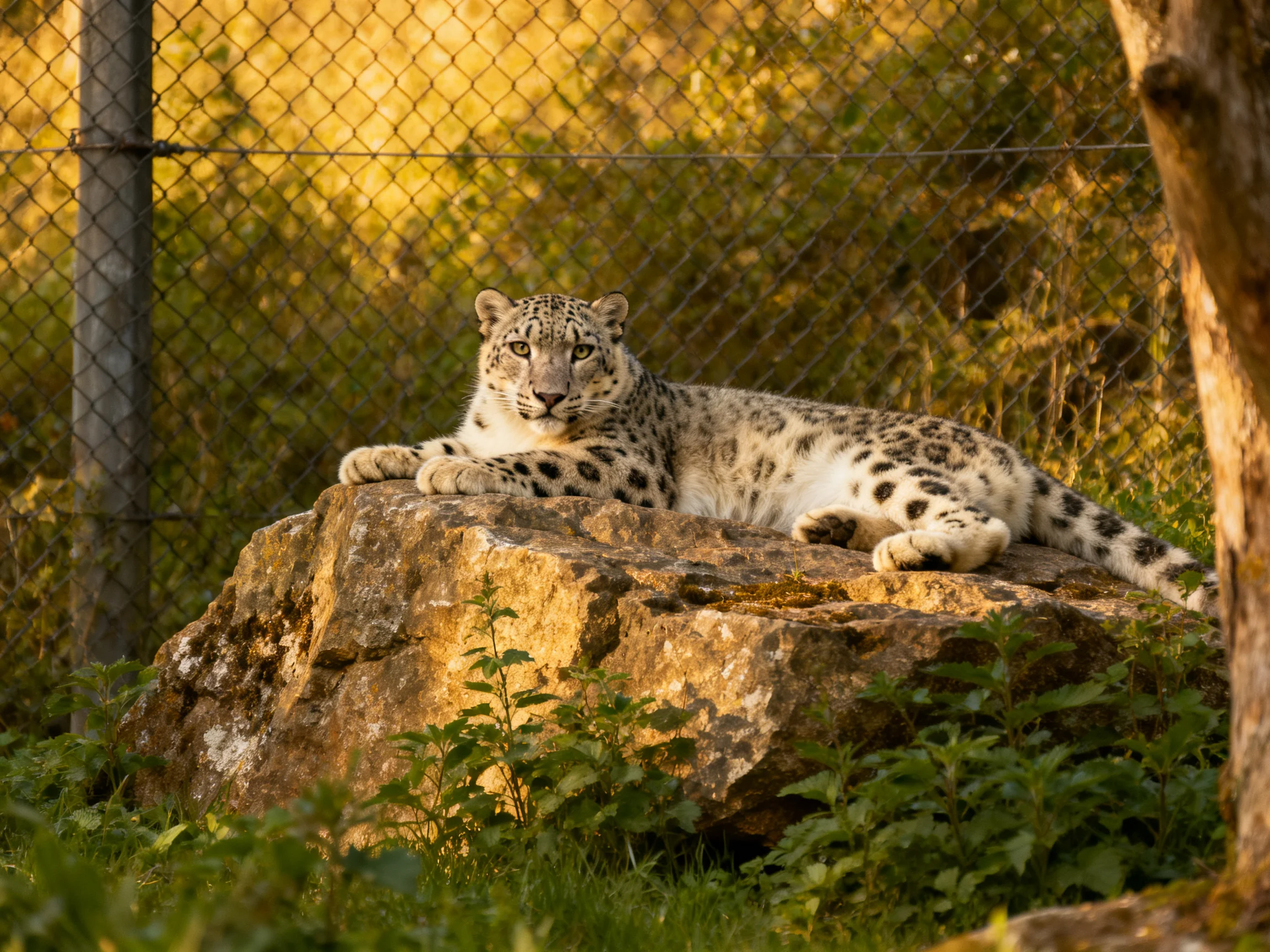 A snow leopard relaxes on a rock in a fenced enclosure with greenery