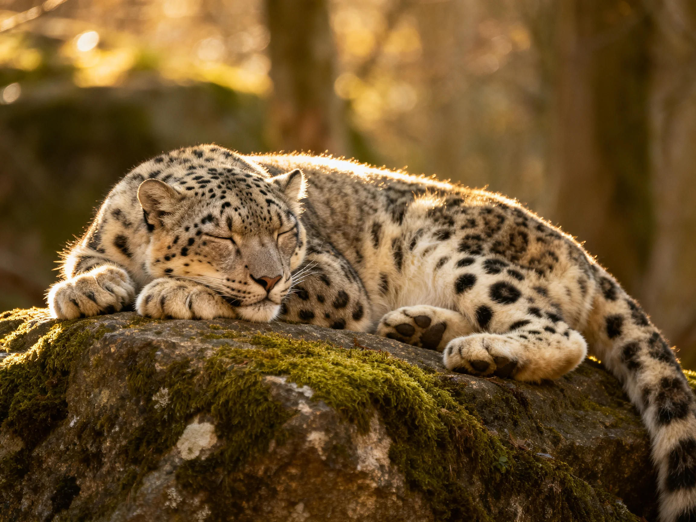 A snow leopard naps on a mossy rock in warm forest light.