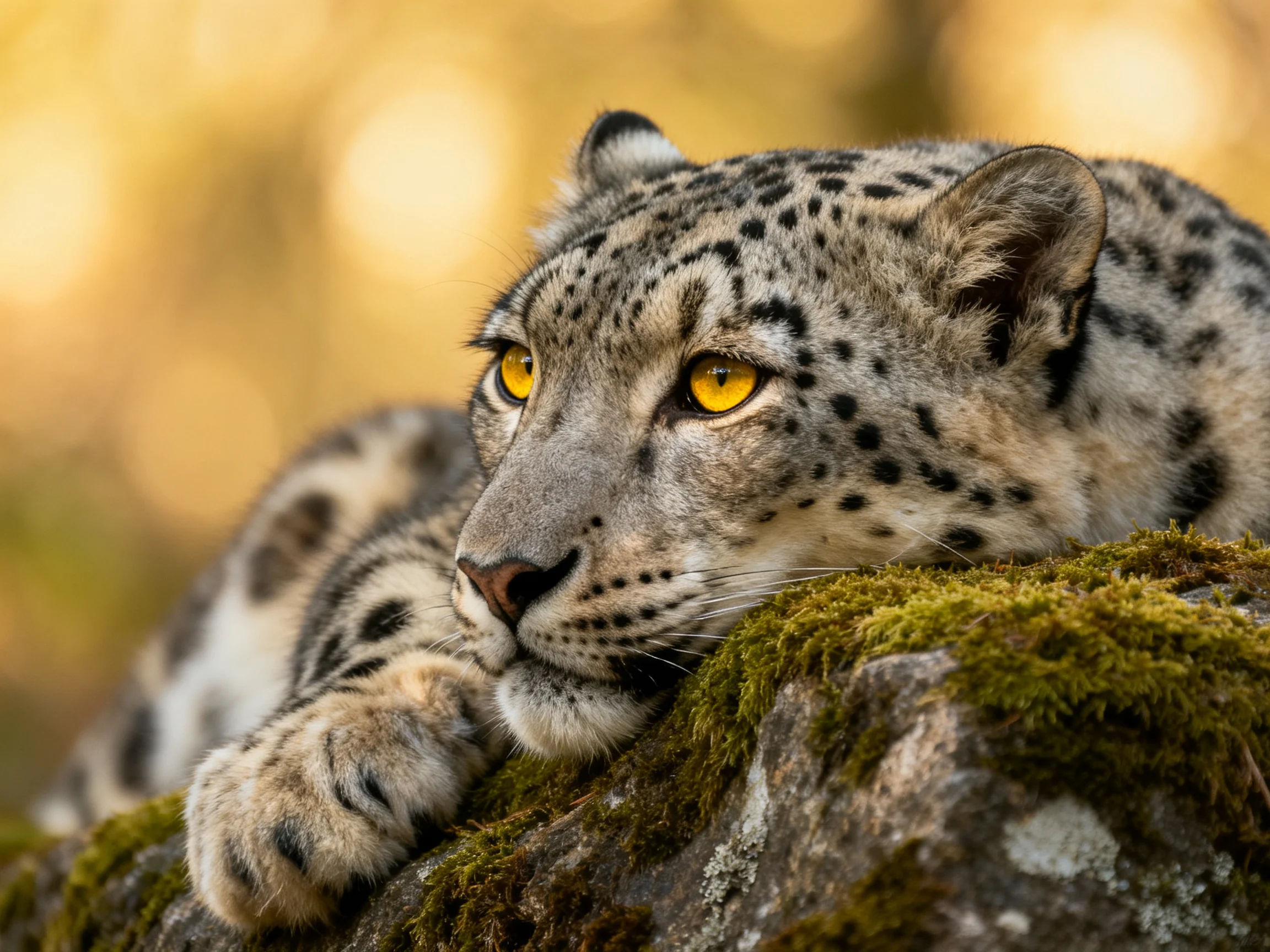 A snow leopard lies on a mossy rock, gazing calmly.