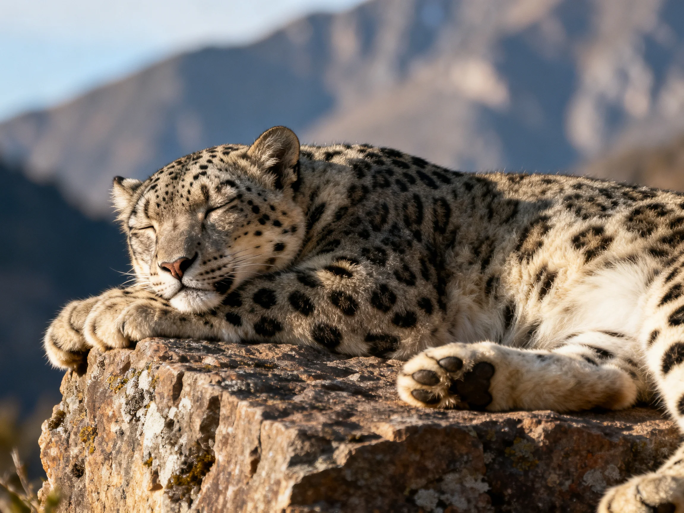 A snow leopard sleeps on a rocky ledge with mountainous backdrop