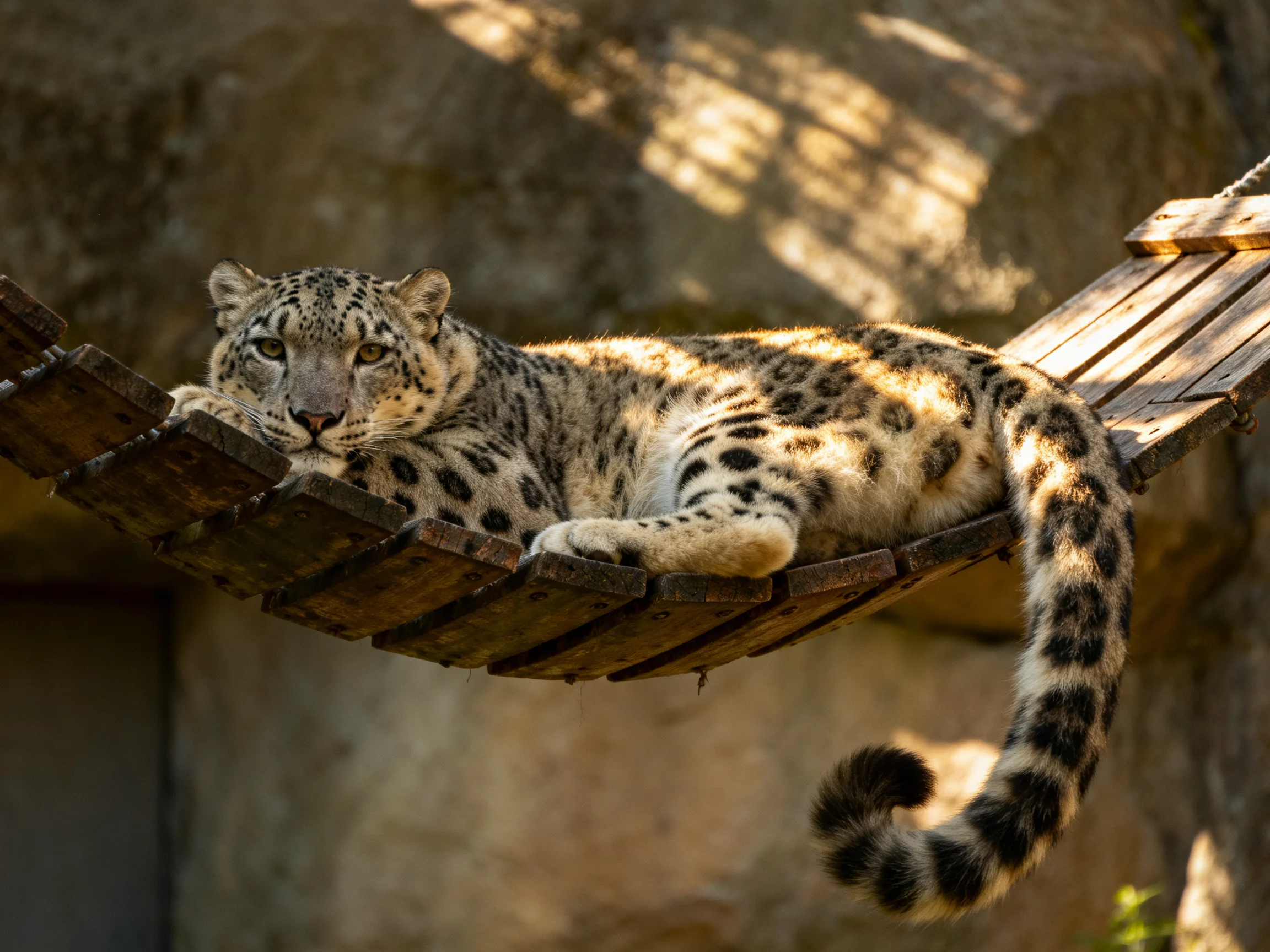 A snow leopard relaxes on a wooden hammock in a sunlit enclosure.