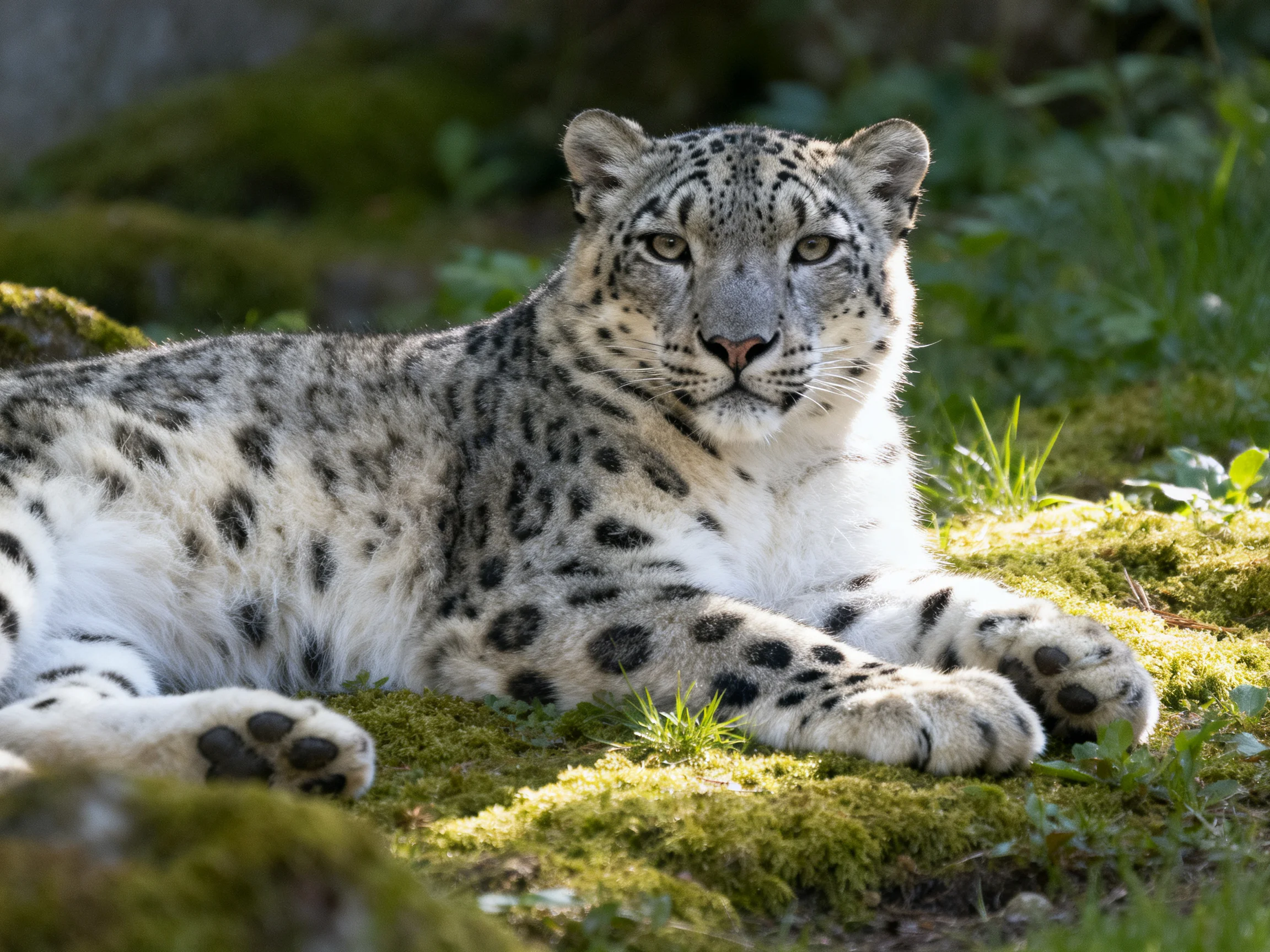 A snow leopard rests on mossy ground amid lush greenery