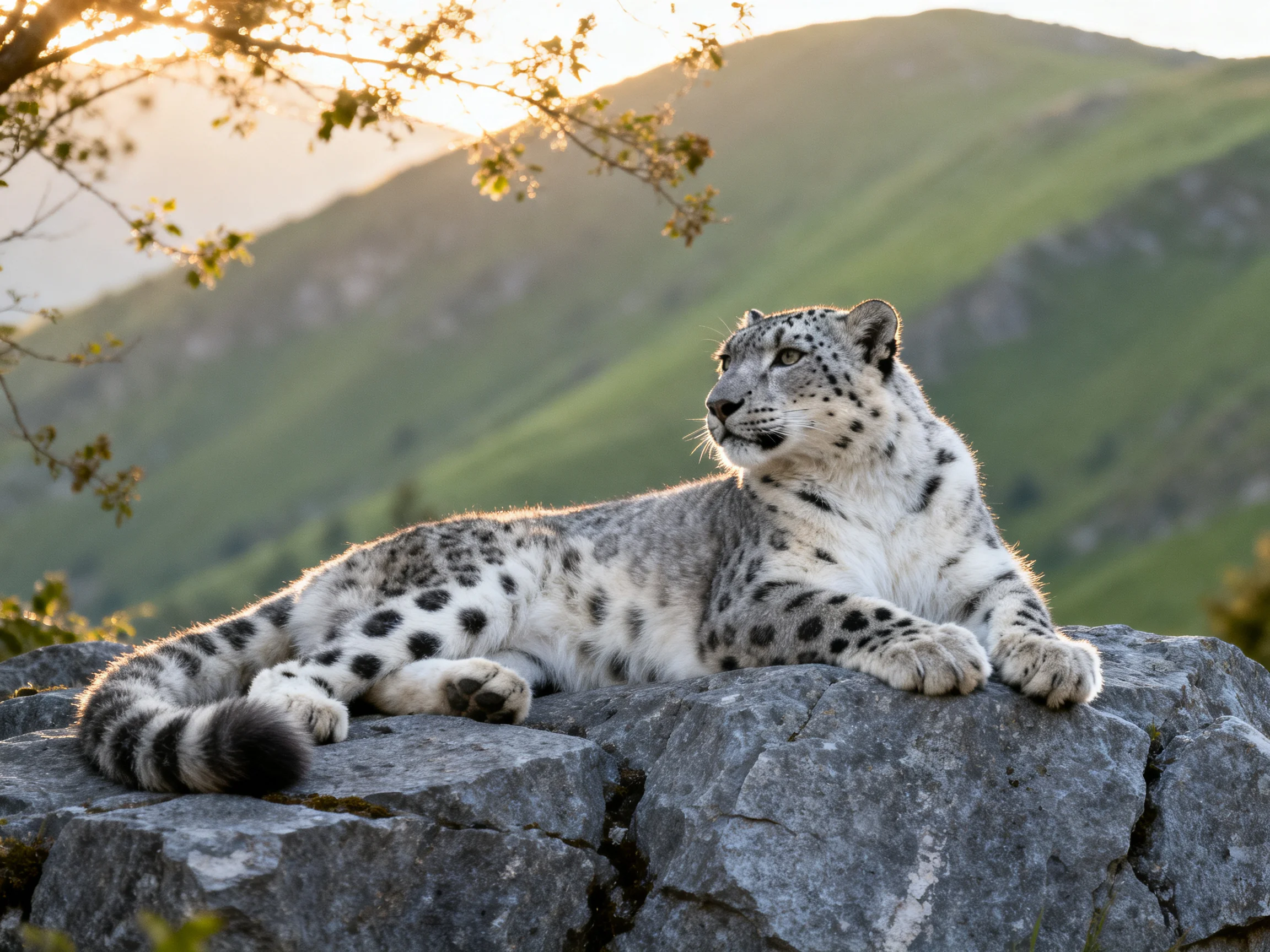 A snow leopard rests on rocky terrain amid green hills undergolden light
