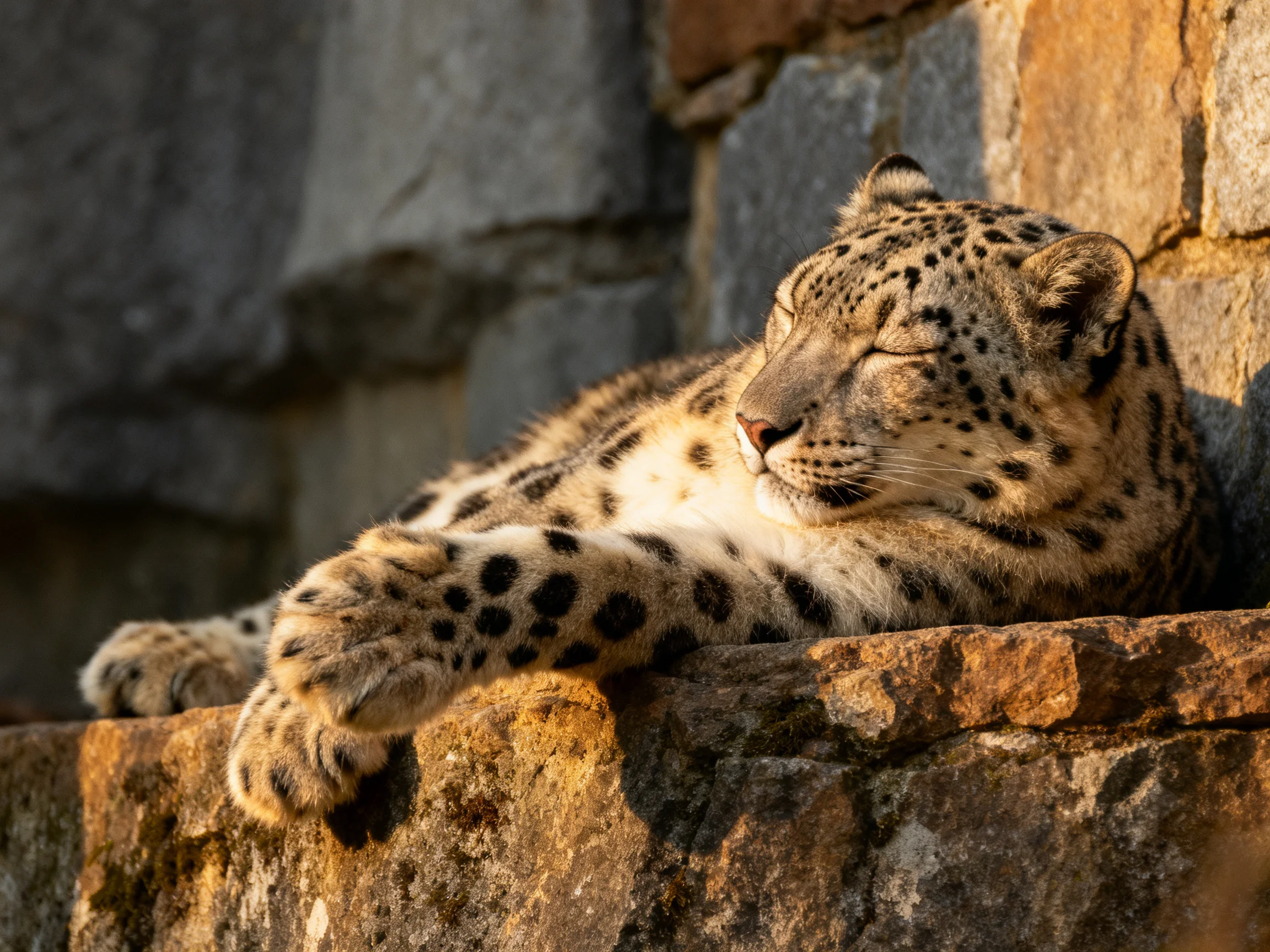 A snow leopard relaxes on aged stone walls in a sunlit environment.