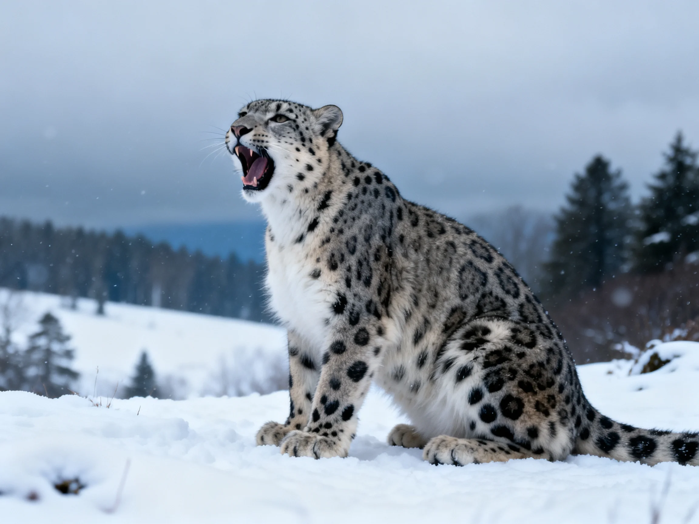 A snow leopard roars in a snowy mountainous landscape with evergreen trees