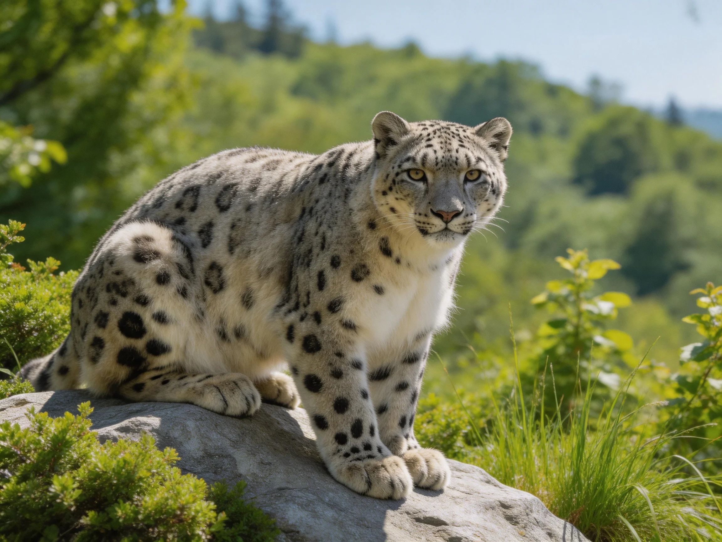 A snow leopard rests on a rockin a verdant natural setting.