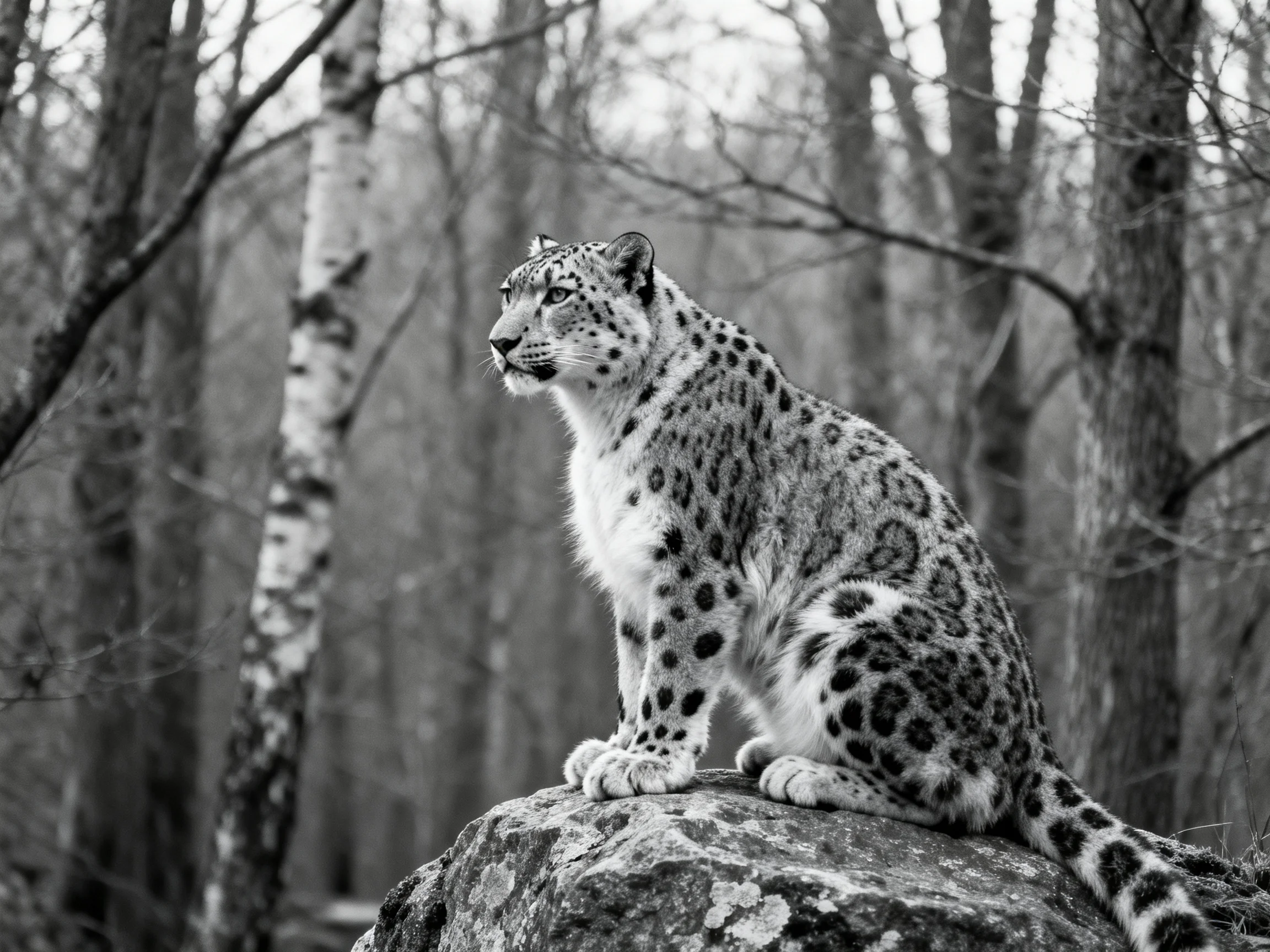 A snow leopard rests on a rock amid tall forest trees