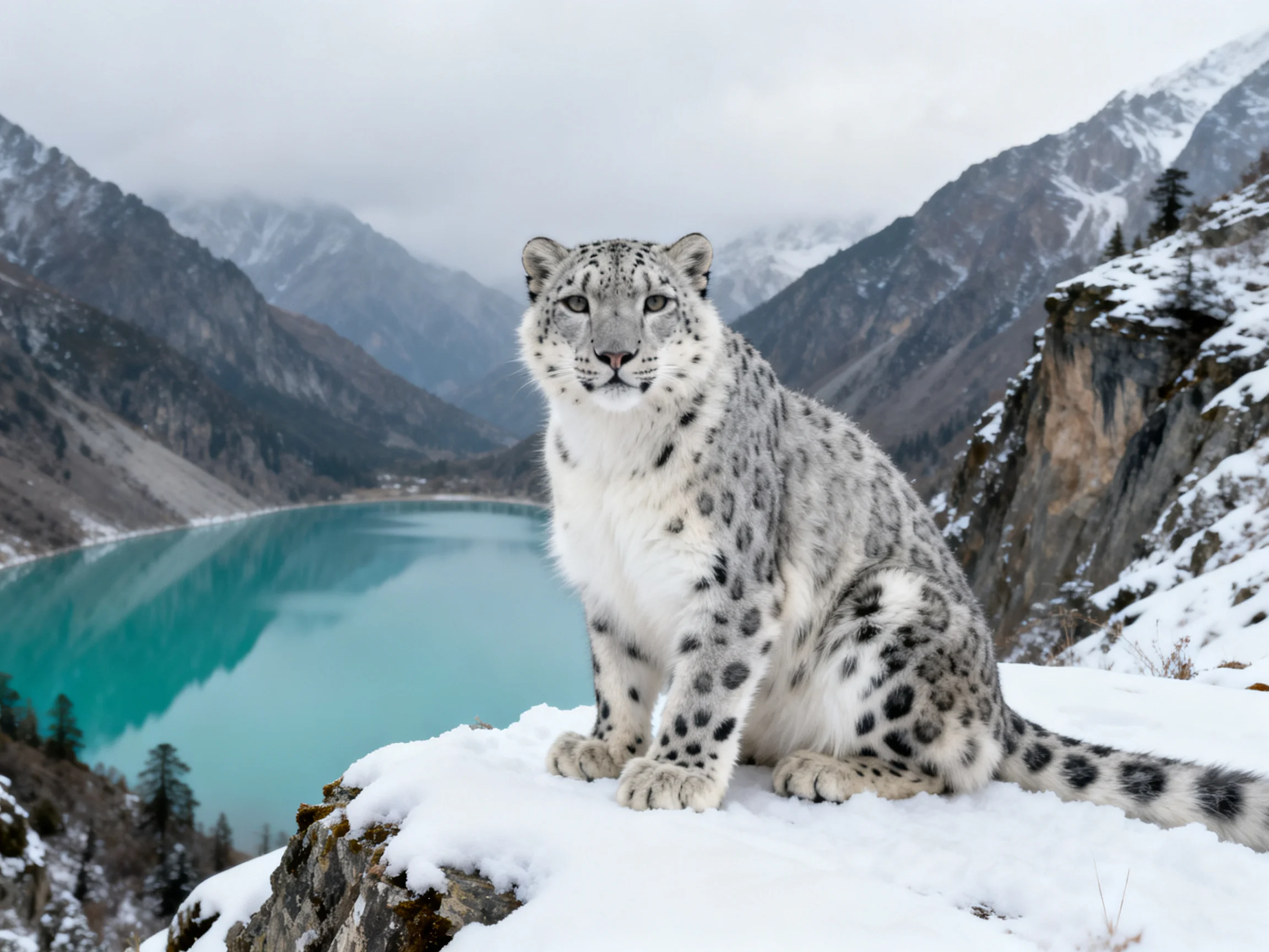 A snow leopard rests on a snowy cliffside overlooking a turquoise mountain lake.