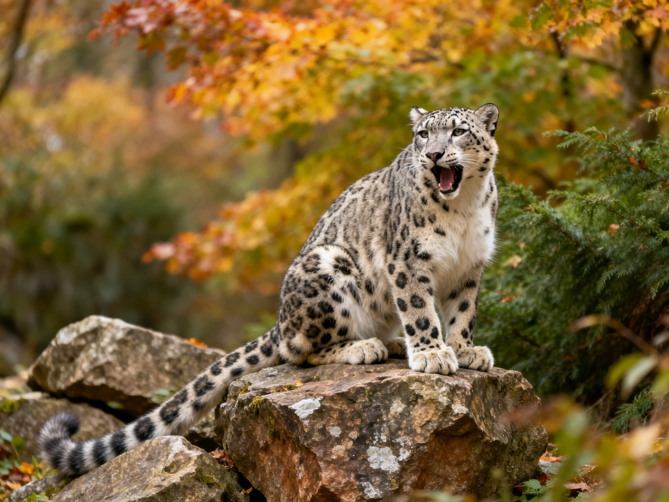 A snow leopard rests on rocks amidst colorful autumn scenery