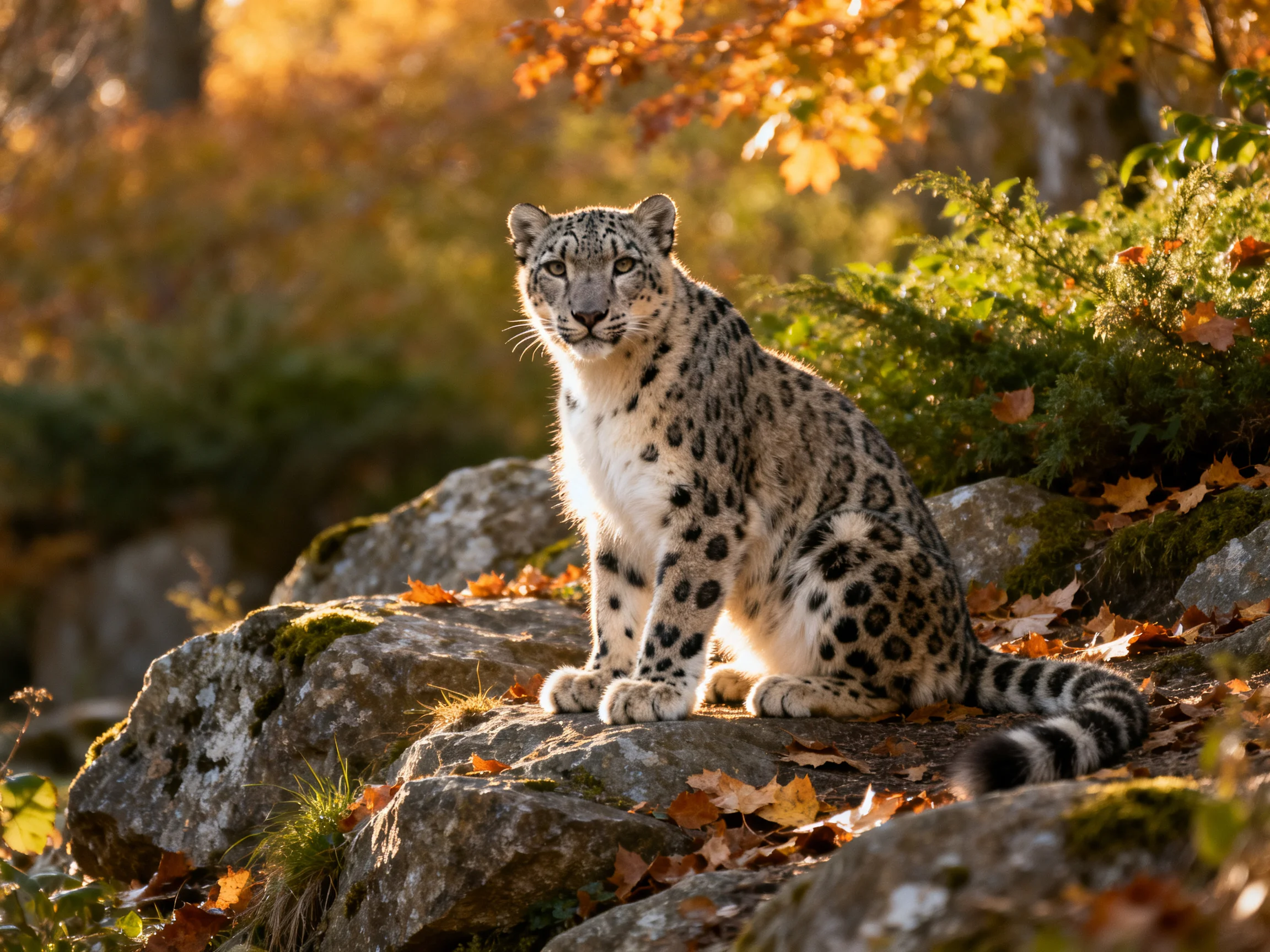 A snow leopard rests on rocky terrain surrounded by autumn vegetation.
