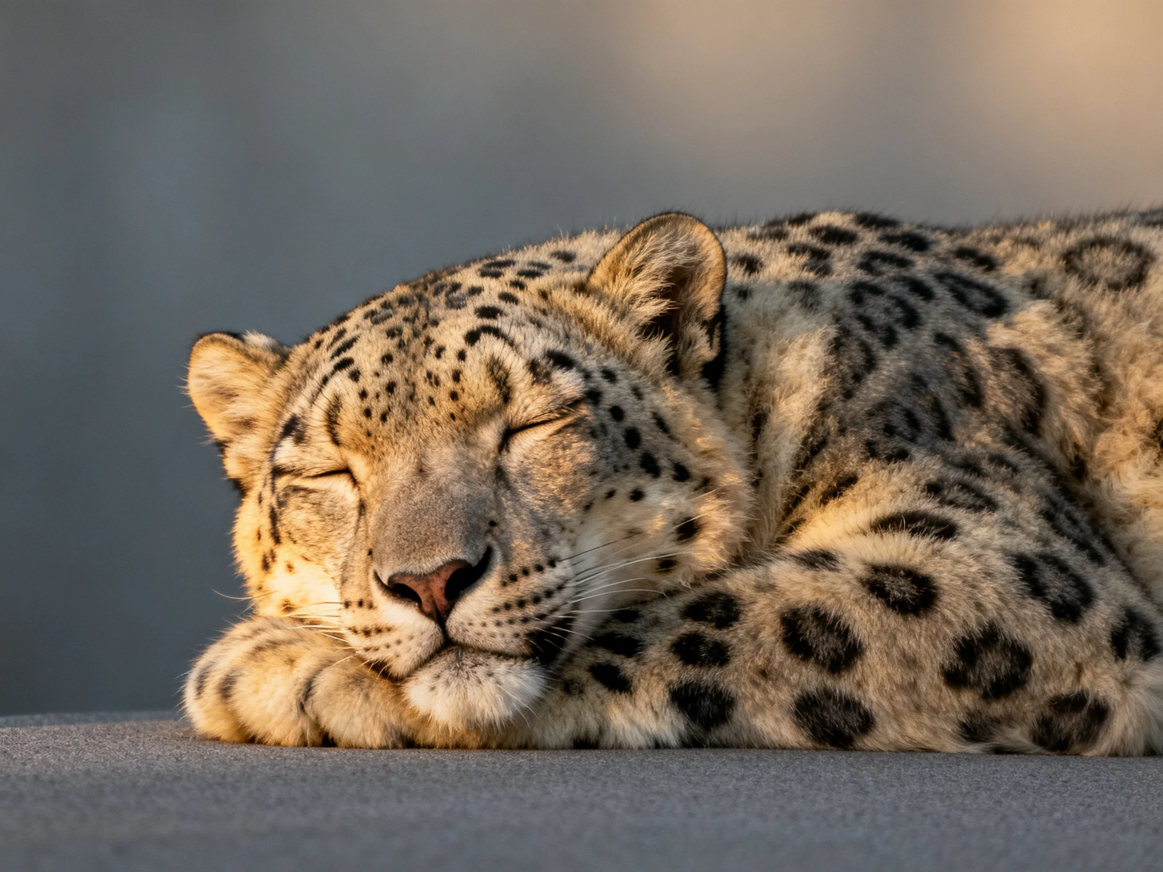 A snow leopard sleeping soundly with patterned fur in soft light