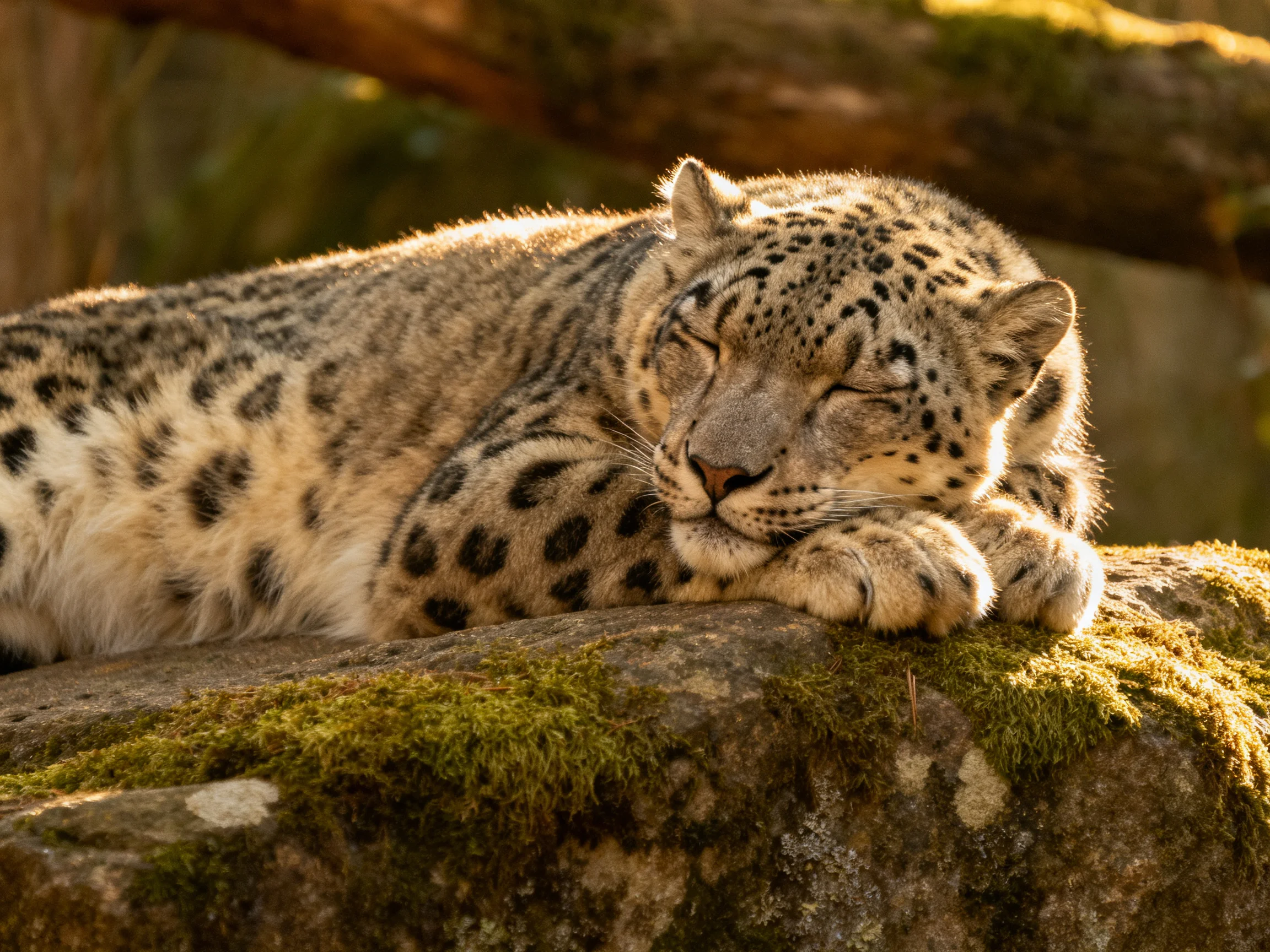 A snow leopard sleeps on a moss-covered rock in golden sunlight