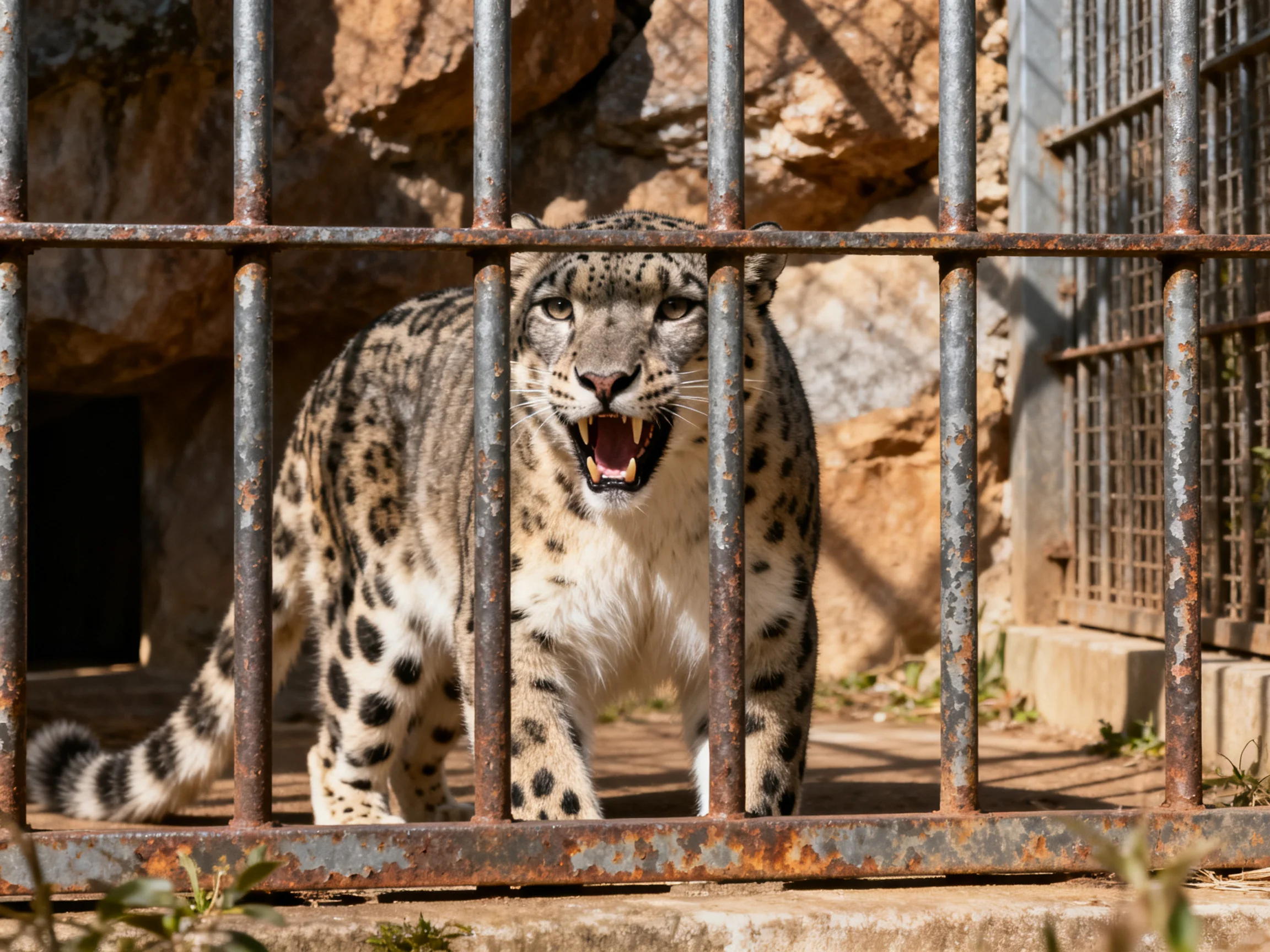 A snow leopard is confined behind rusted metal bars in a rocky enclosure.