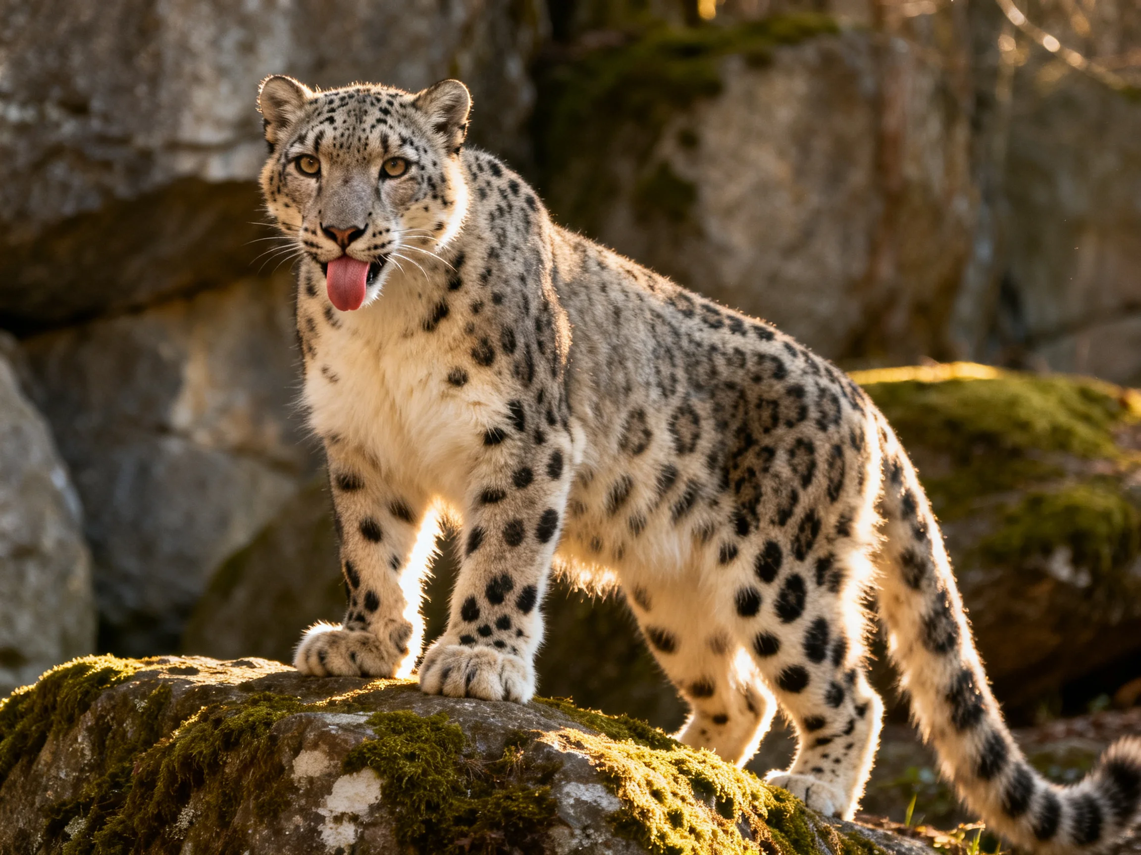 A snow leopard stands on moss-covered rocks near massive stone cliffs