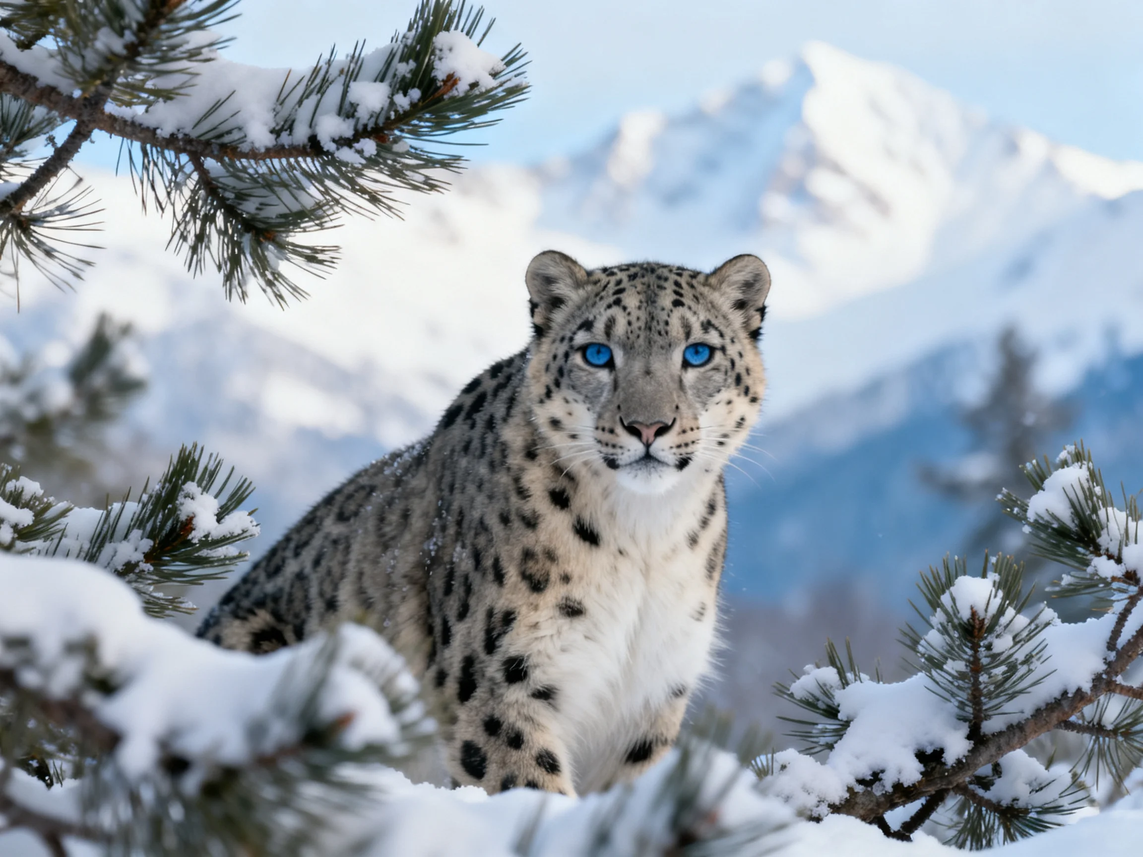 A snow leopard stands among snow-covered pine branches near snowy mountains.