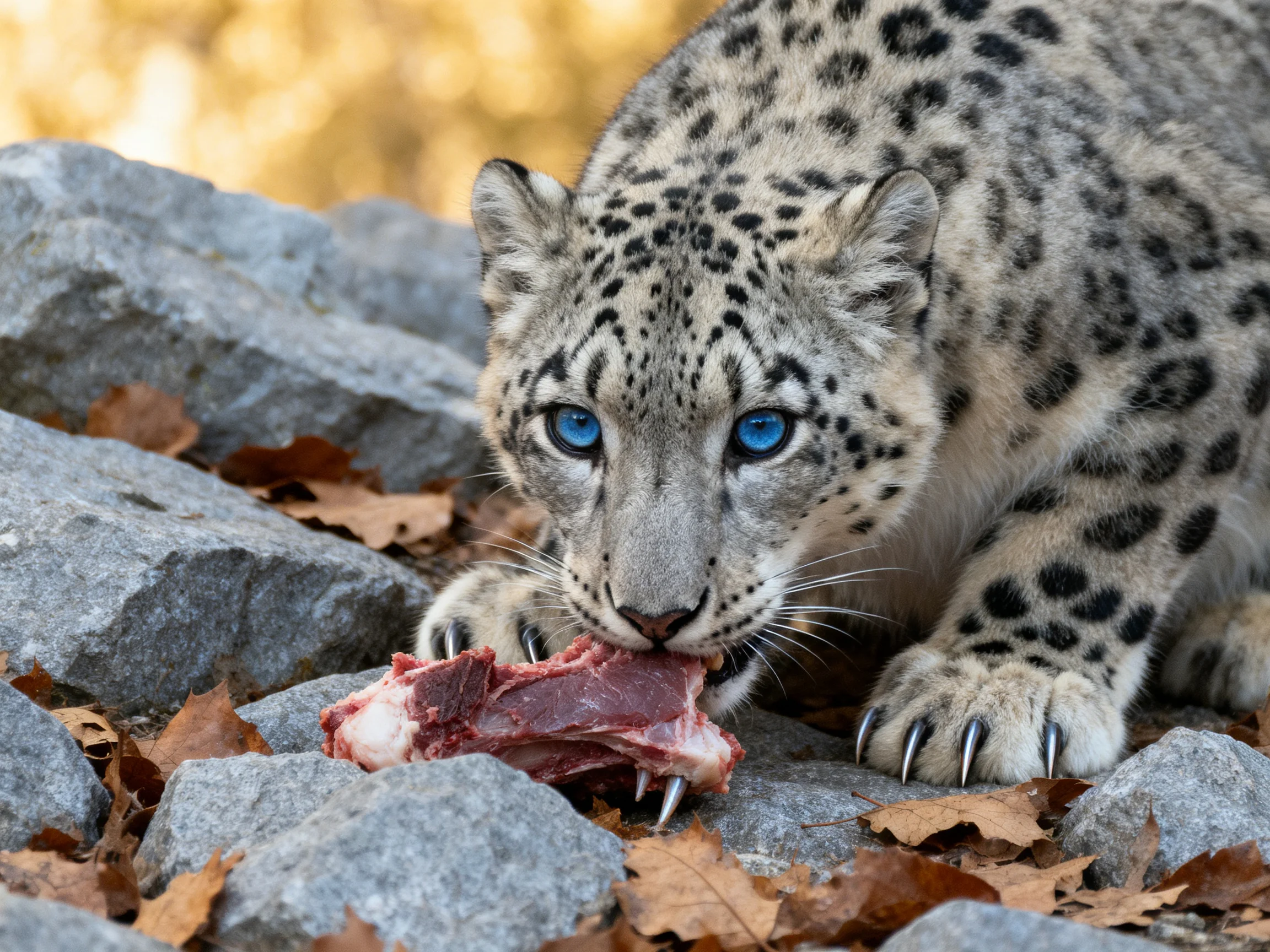 A snow leopard feeds on meat near large gray rocks.