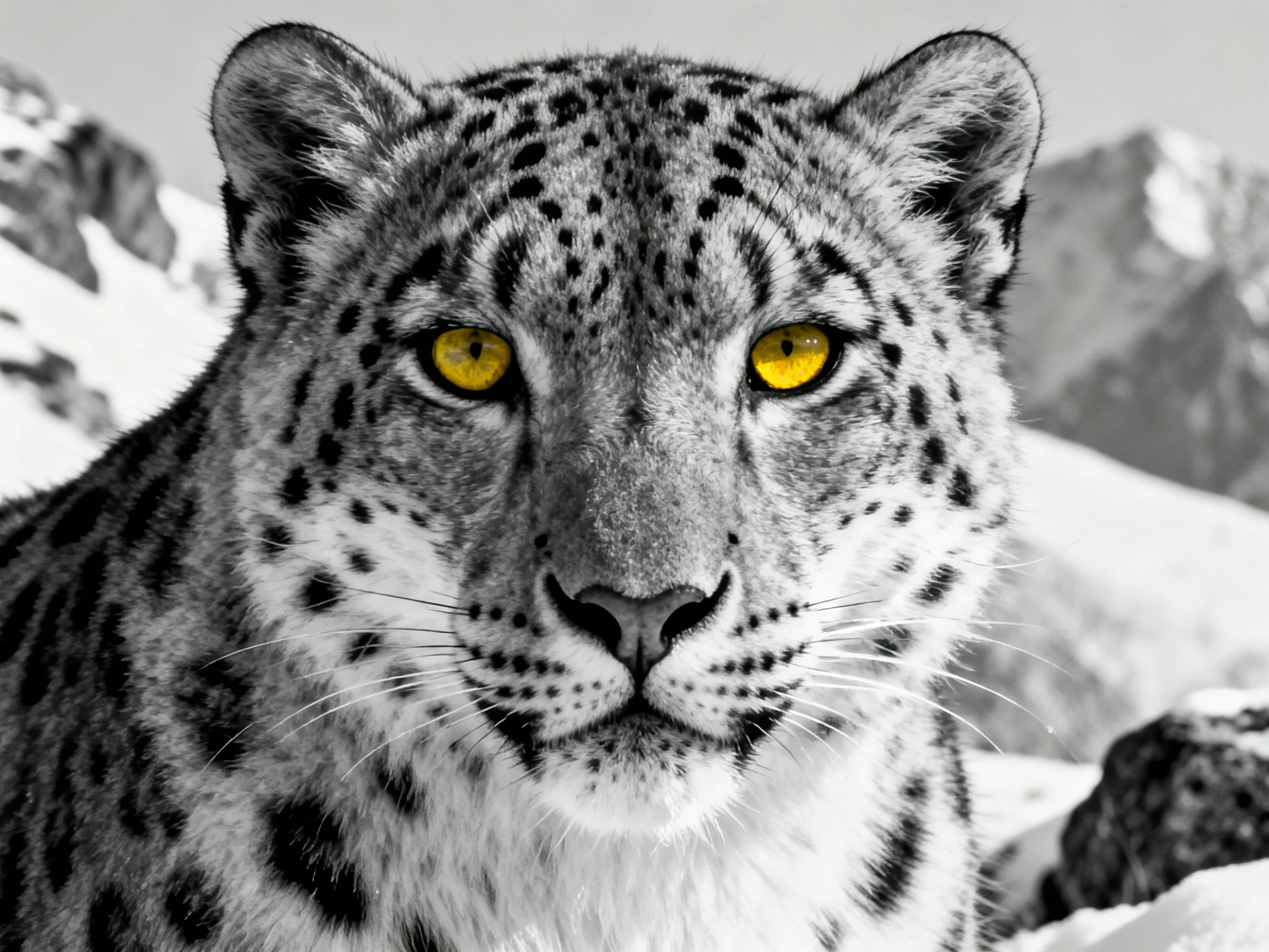 A snow leopard with bright yellow eyes rests near snowy mountains.