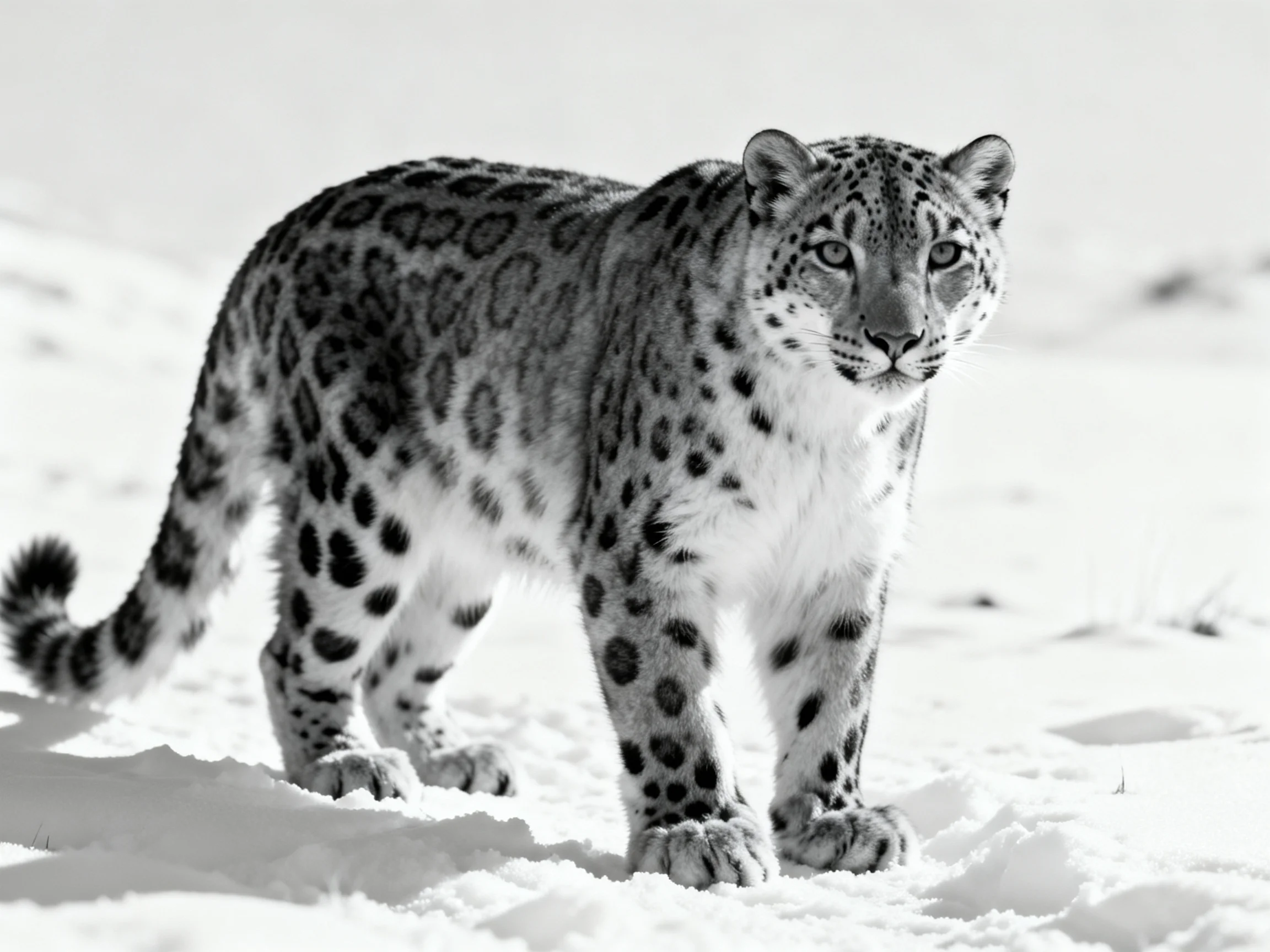 A snow leopard with spotted coat navigates a snowy landscape