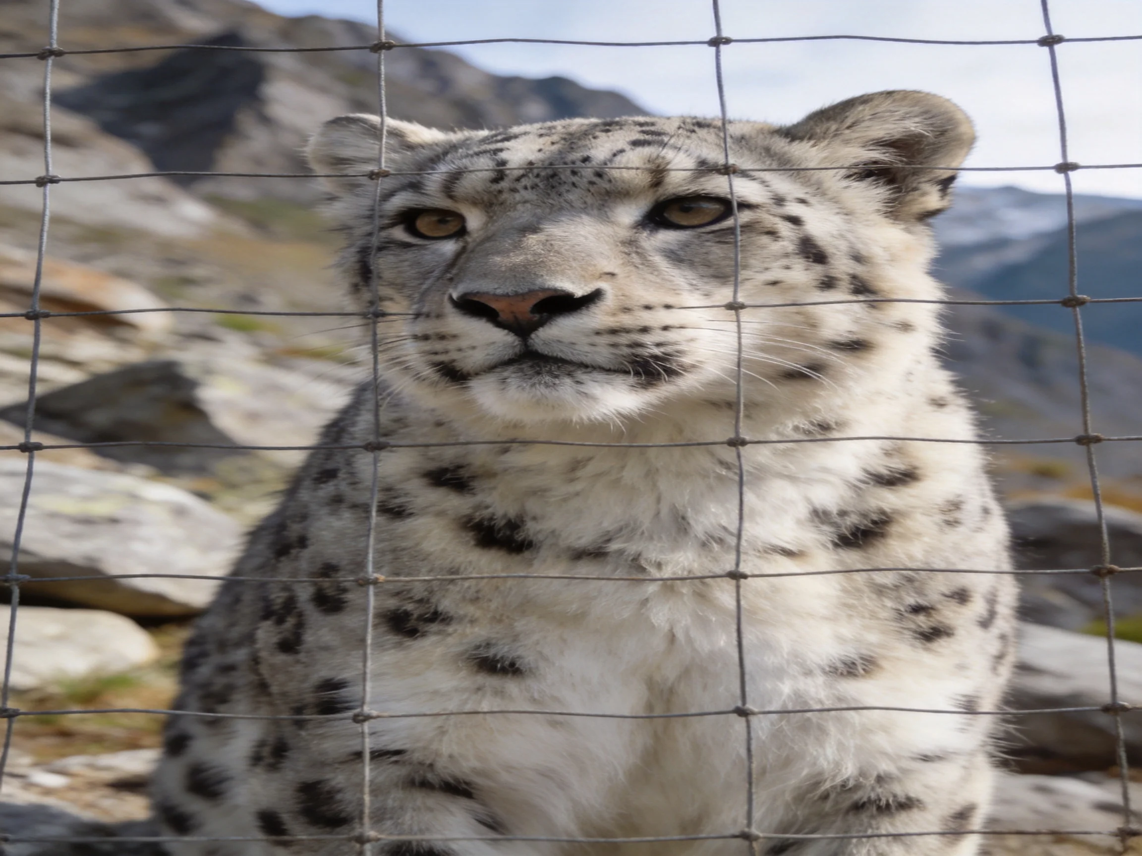 A snow leopard with spotted fur sits behind a metal grid fence near rocky terrain.