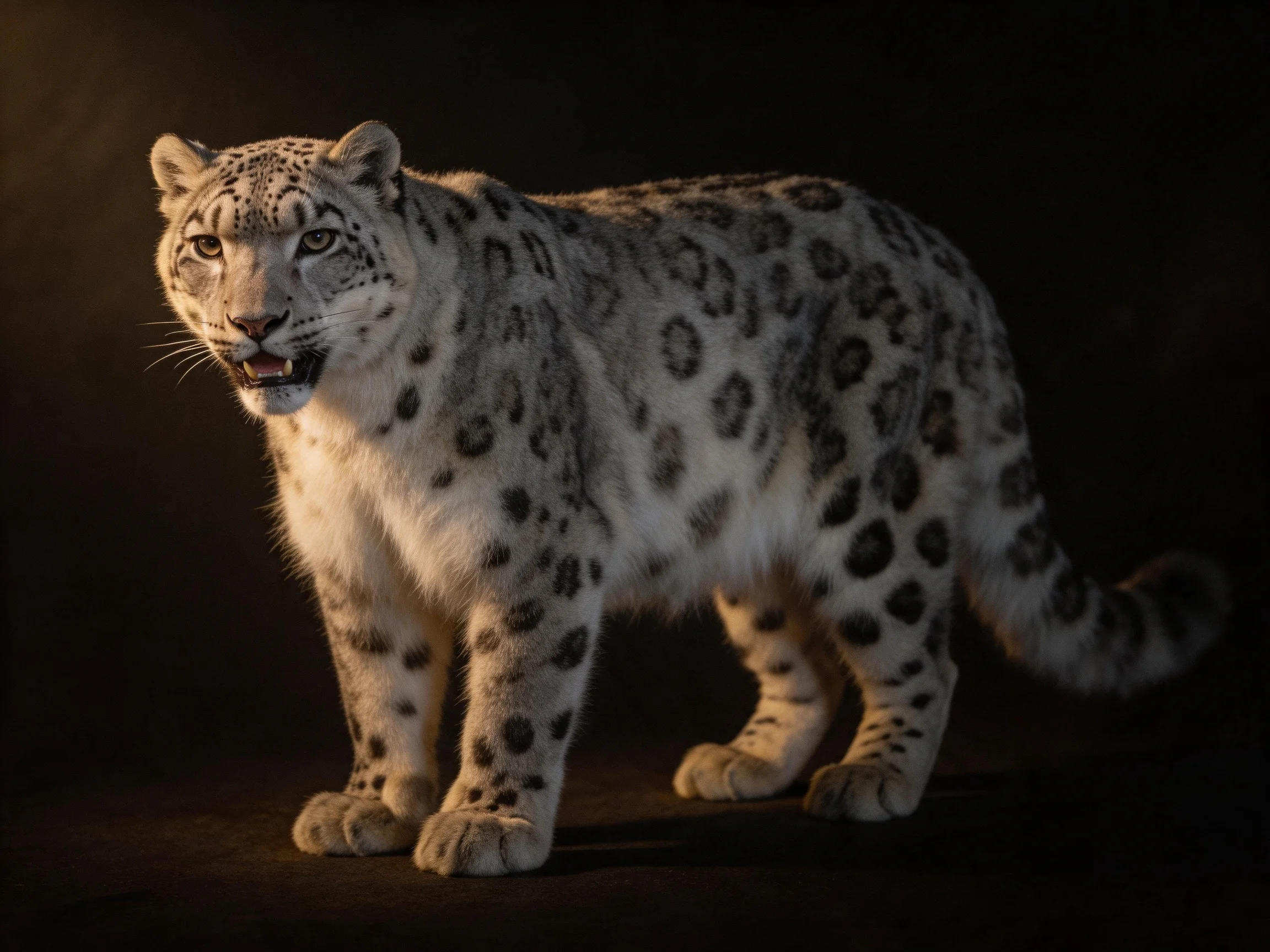 A snow leopard with spotted gray fur stands against a dark backdrop