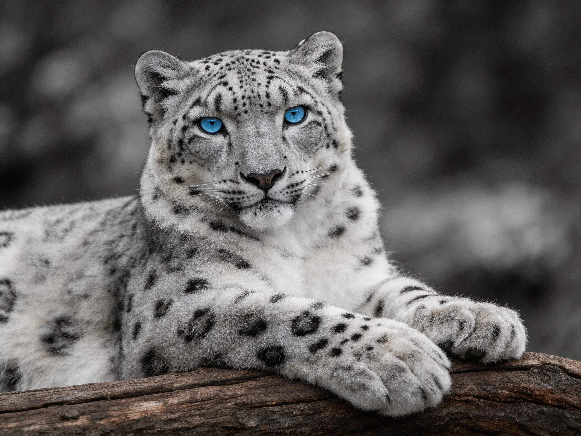 A snow leopard with bright blue eyes rests on a log amid a blurred natural scene.