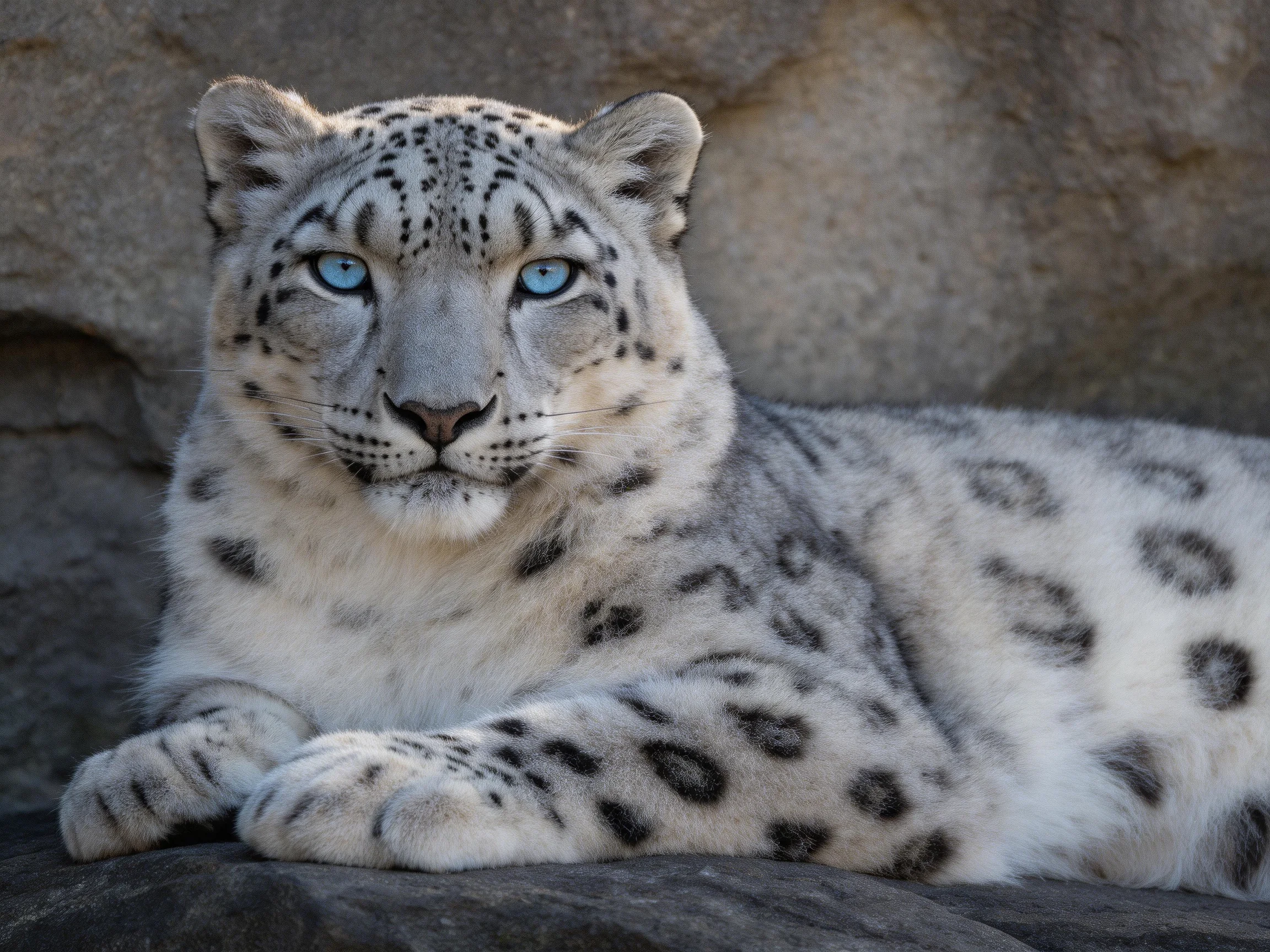 A snow leopard with blue eyes rests near rocky surfaces.