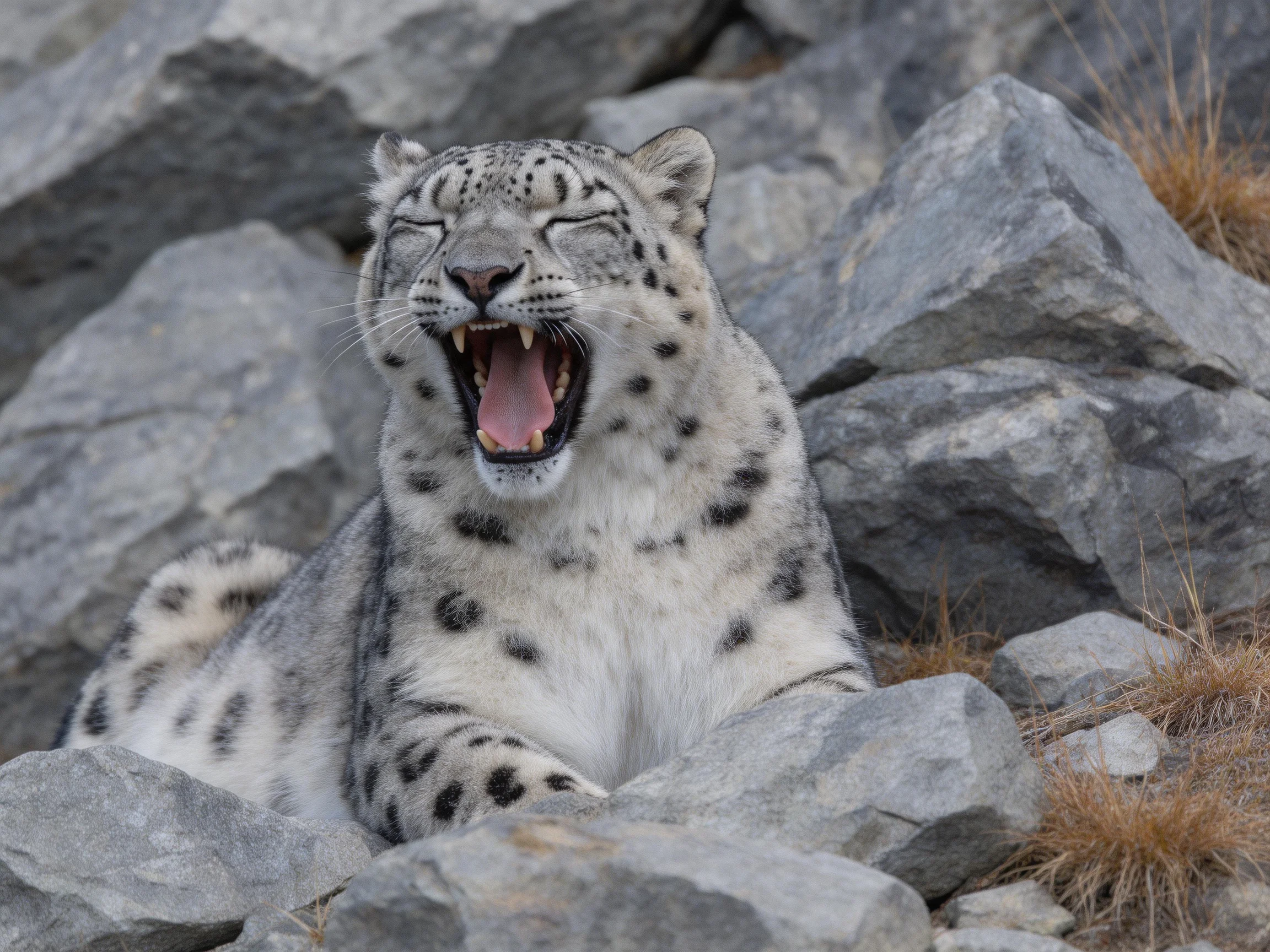 A snow leopard yawning among large gray rocks and dry grass