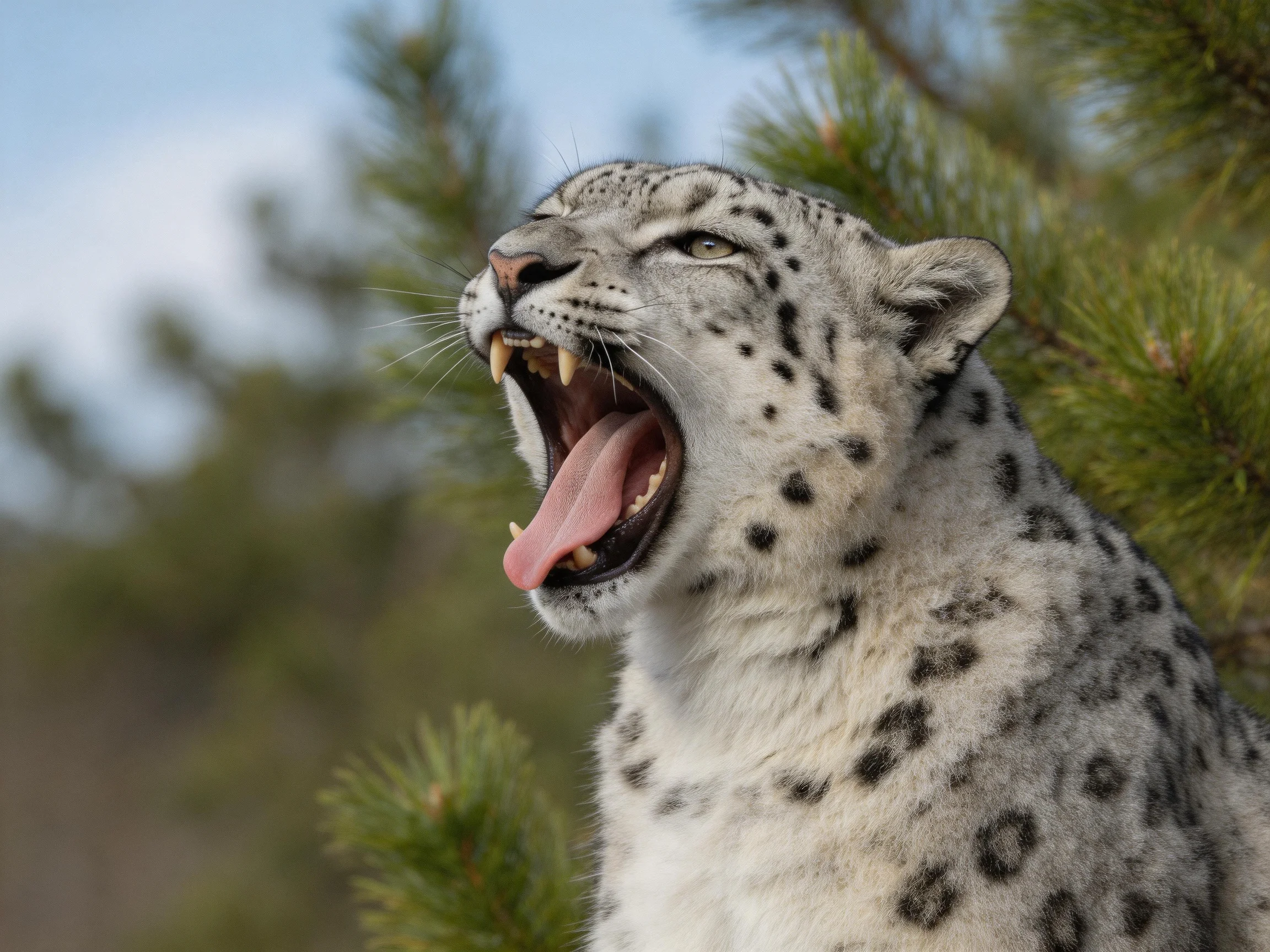 A snow leopard yawns amid green pine branches with open mouth