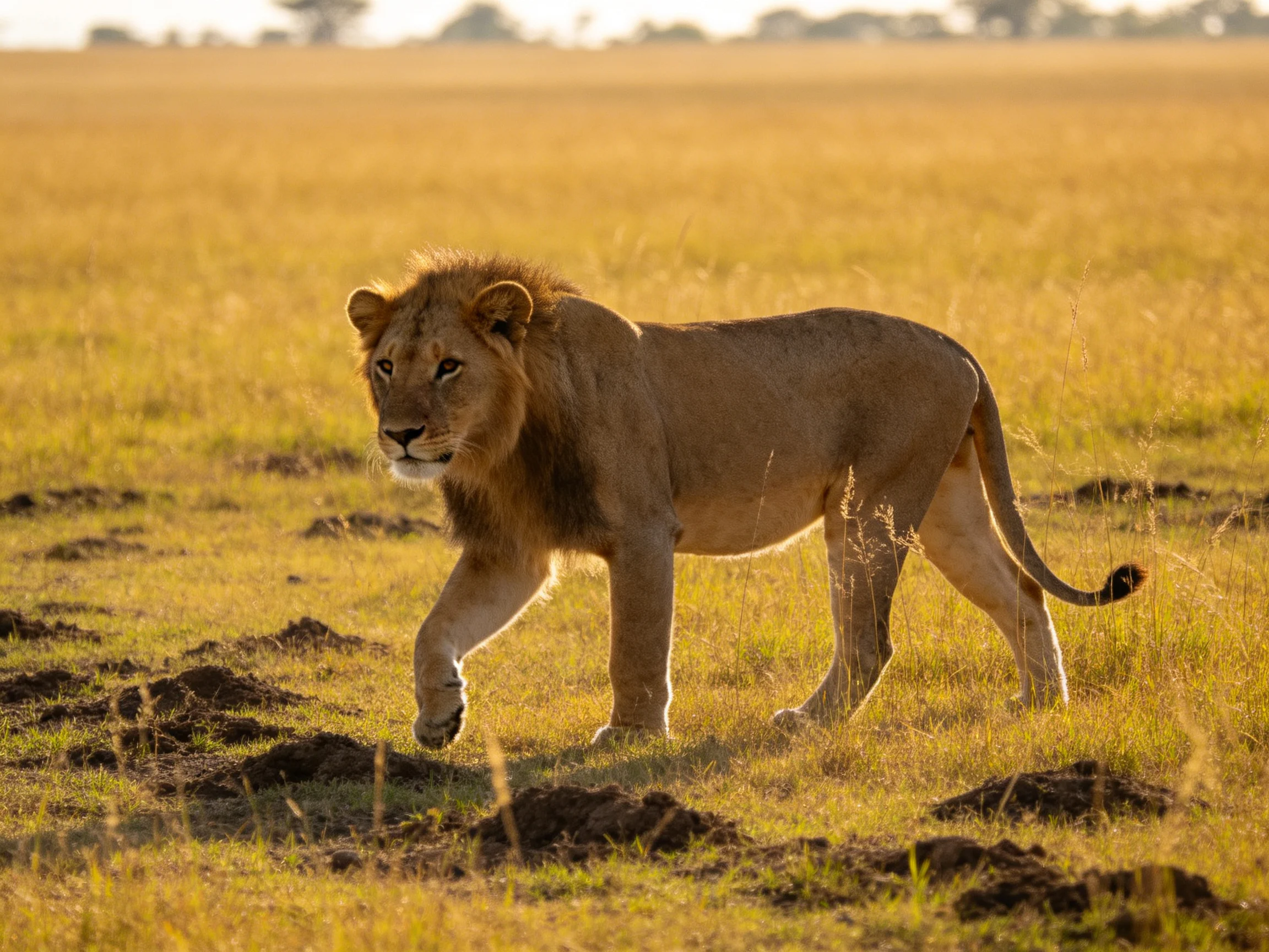 A male lion roams a sunlit golden savannah field.