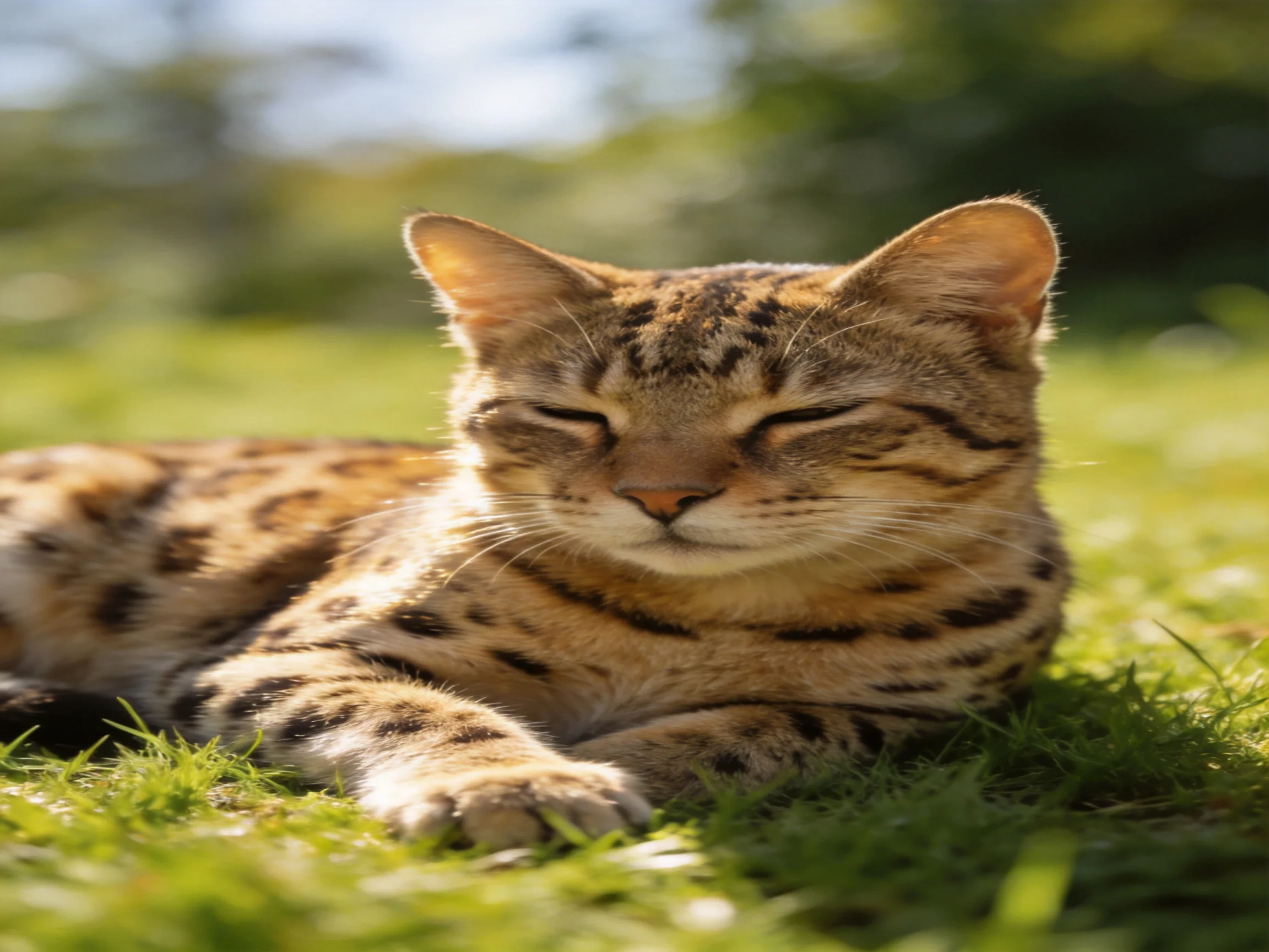 A spotted cat rests peacefully on green grass in a sunlit area.