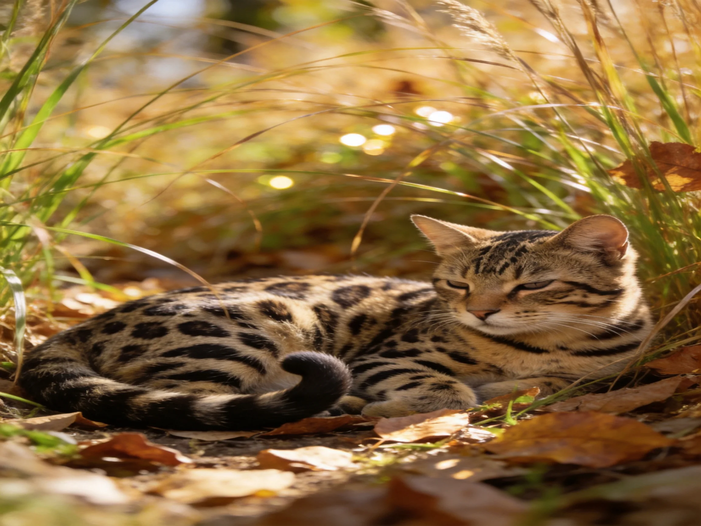 A spotted cat relaxes in a sunlit area surrounded by tall grass and autumn leaves.