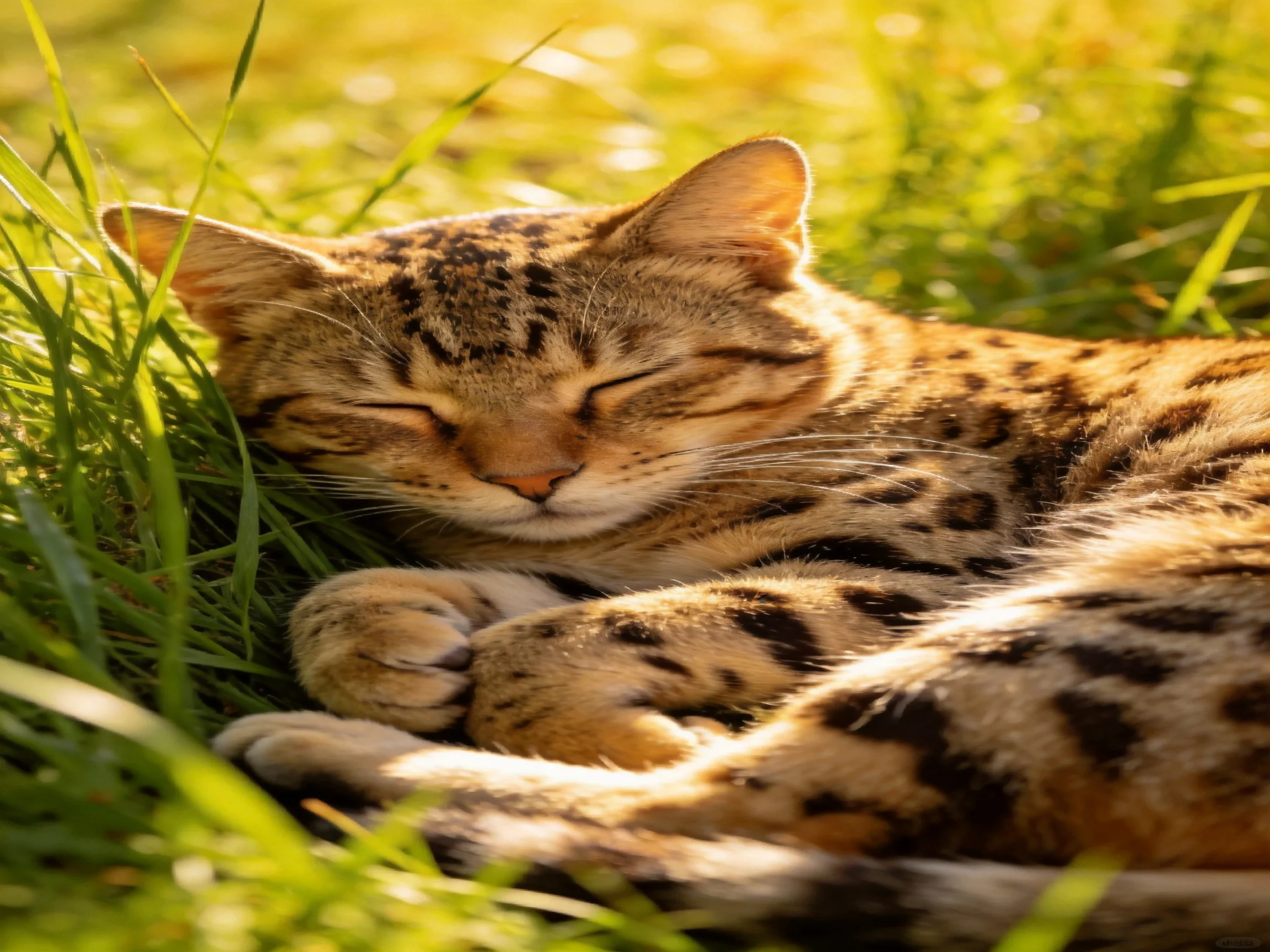 A spotted cat rests comfortably in tall green grass.