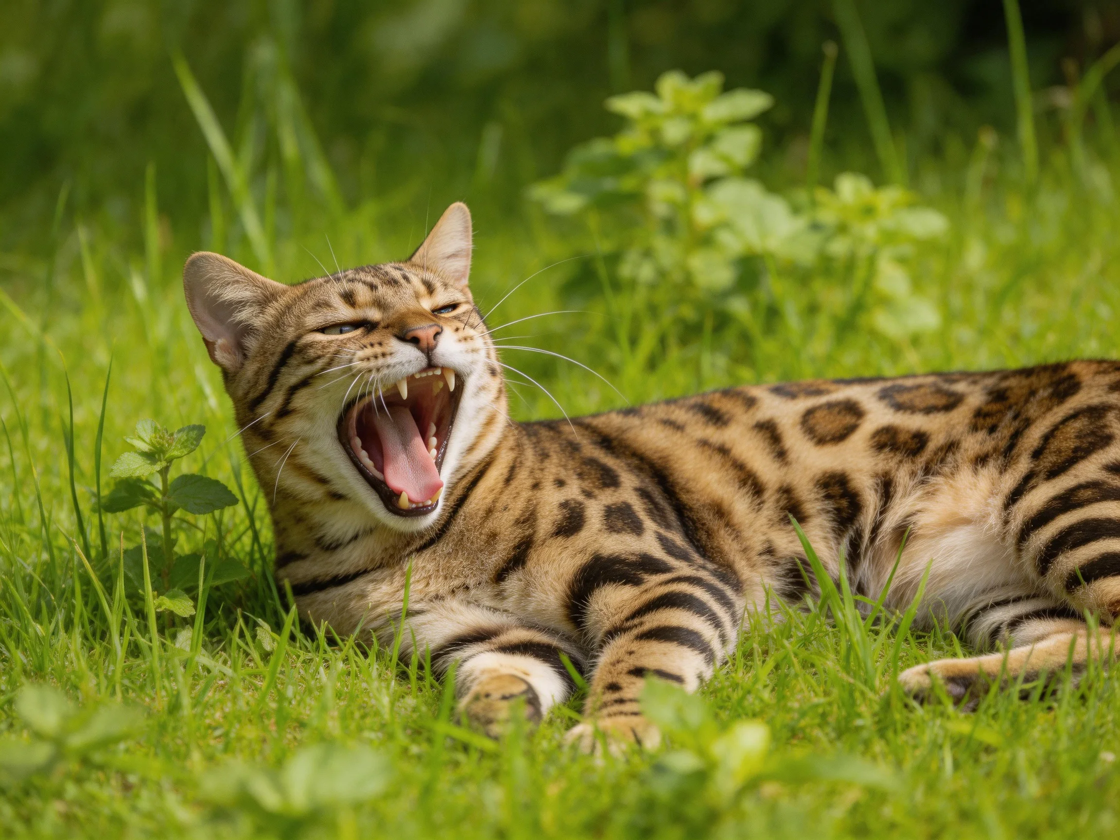 A spotted cat yawns while resting on green grass.