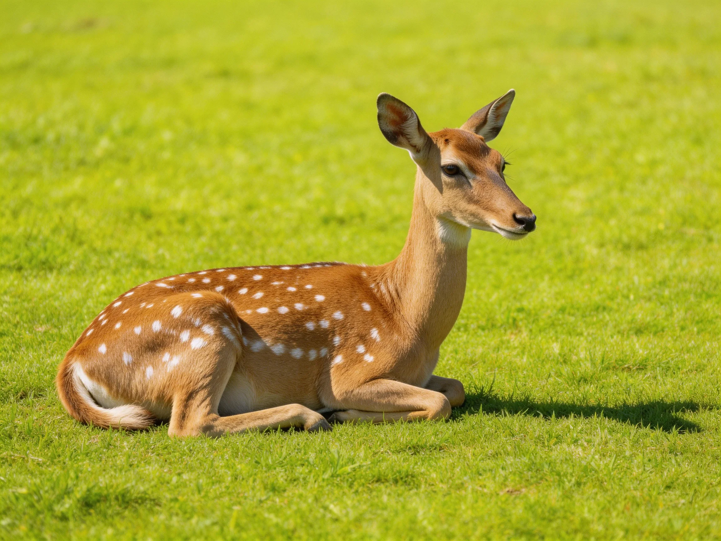 A spotted deer resting on lush green grass