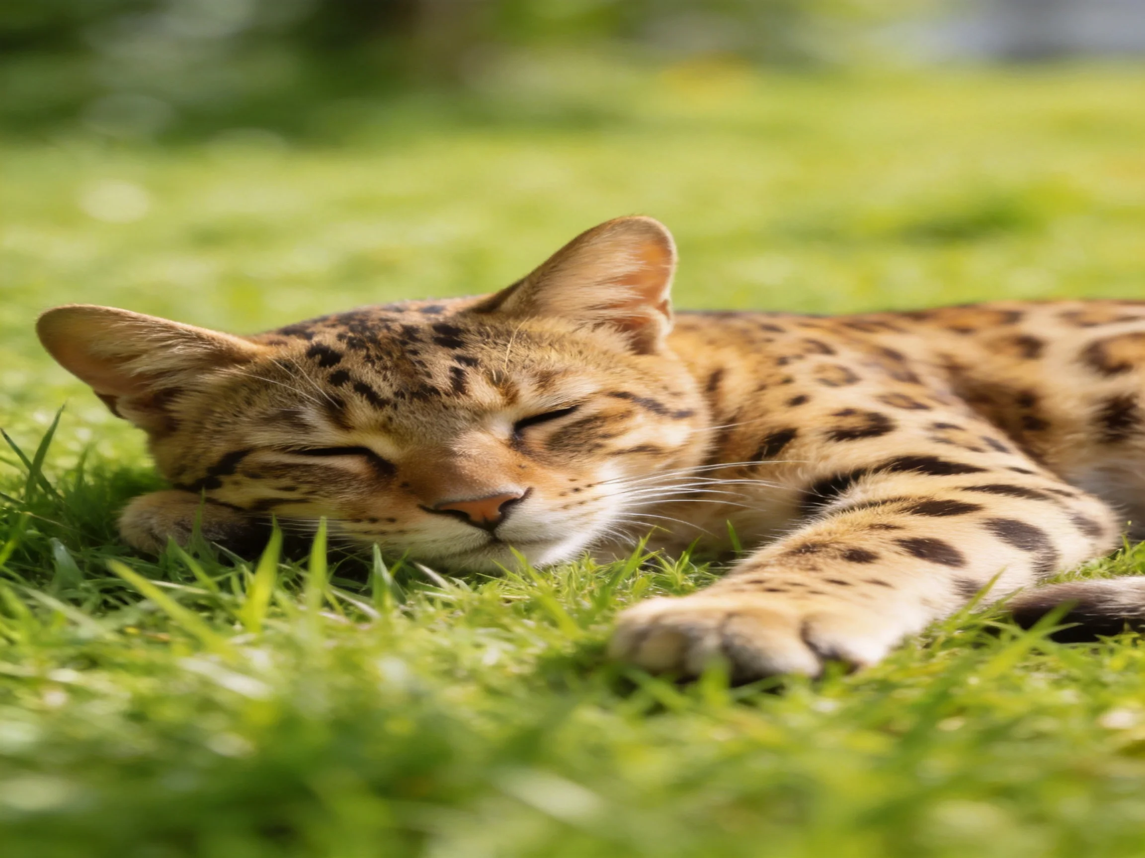 A spotted feline rests peacefully on lush green grass