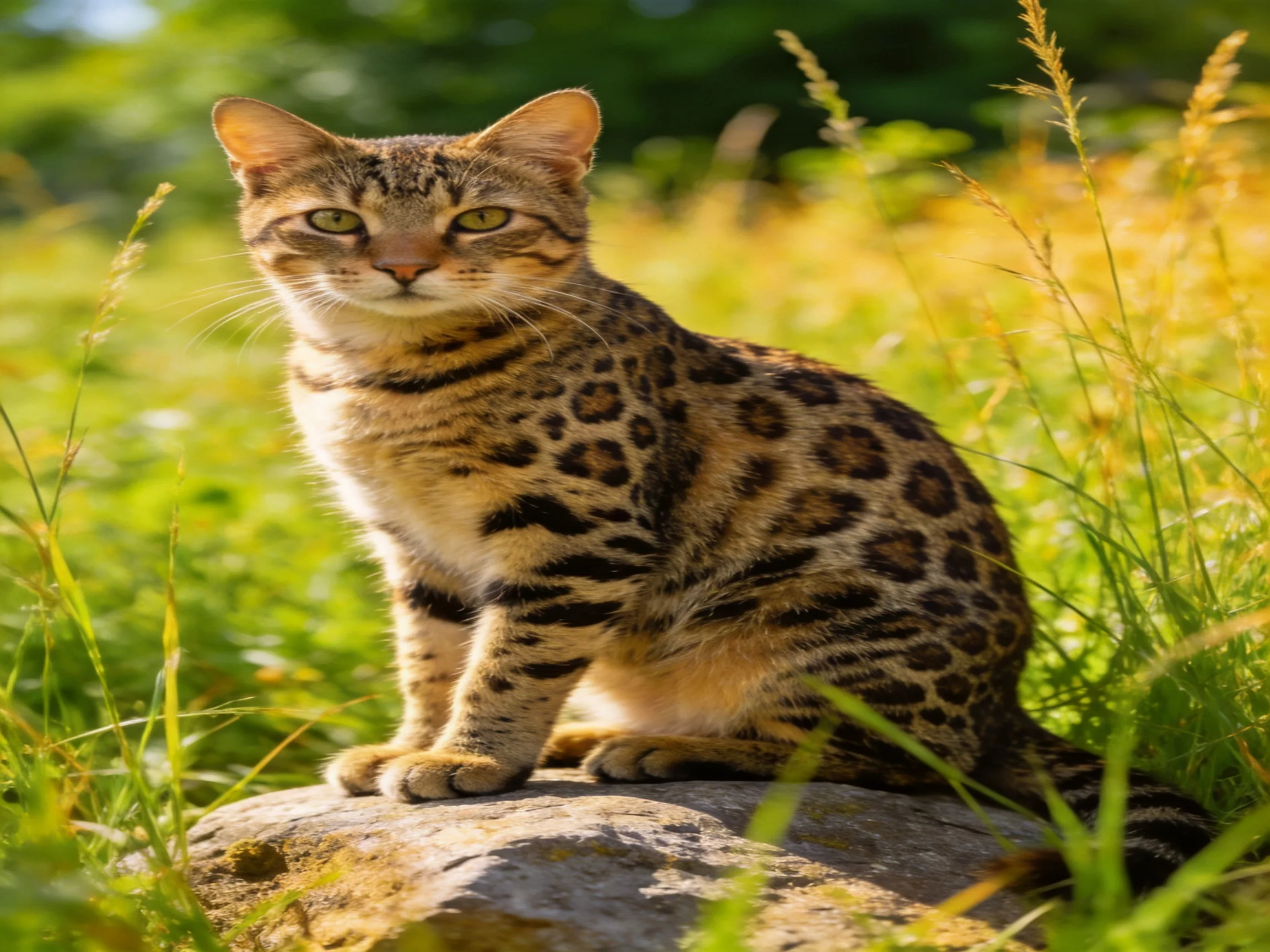 A spotted feline sits on a rock surrounded by lush vegetation